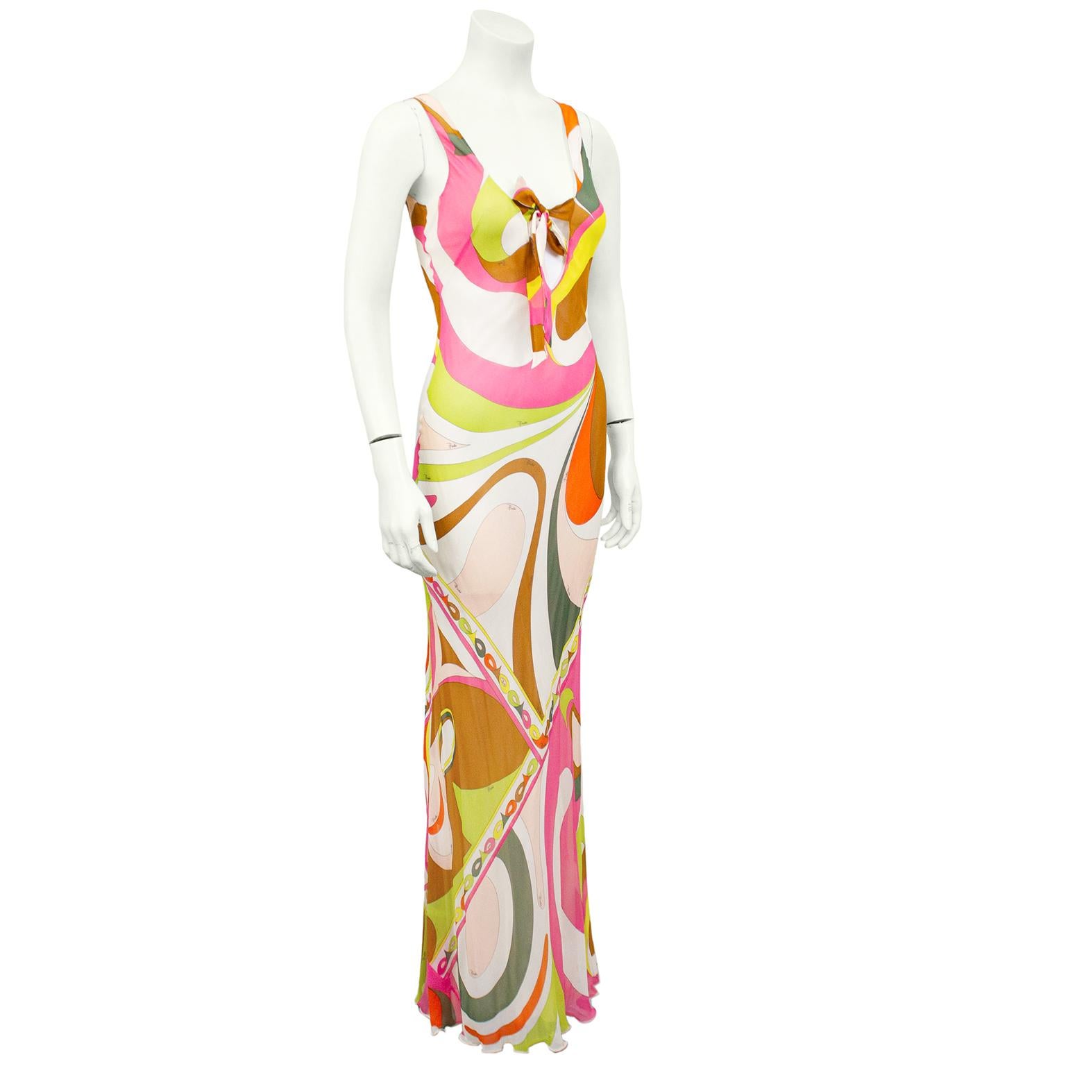1990s colourful Emilio Pucci sleeveless chiffon gown. Features shades of pink, green, brown and orange. Plunging v neckline with a tie across. Sheer with white chiffon lining. Signed fabric. Very sexy. Excellent vintage condition, fits likes a US