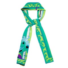 1990s Emilio Pucci Green and Blue Printed Narrow Silk Scarf
