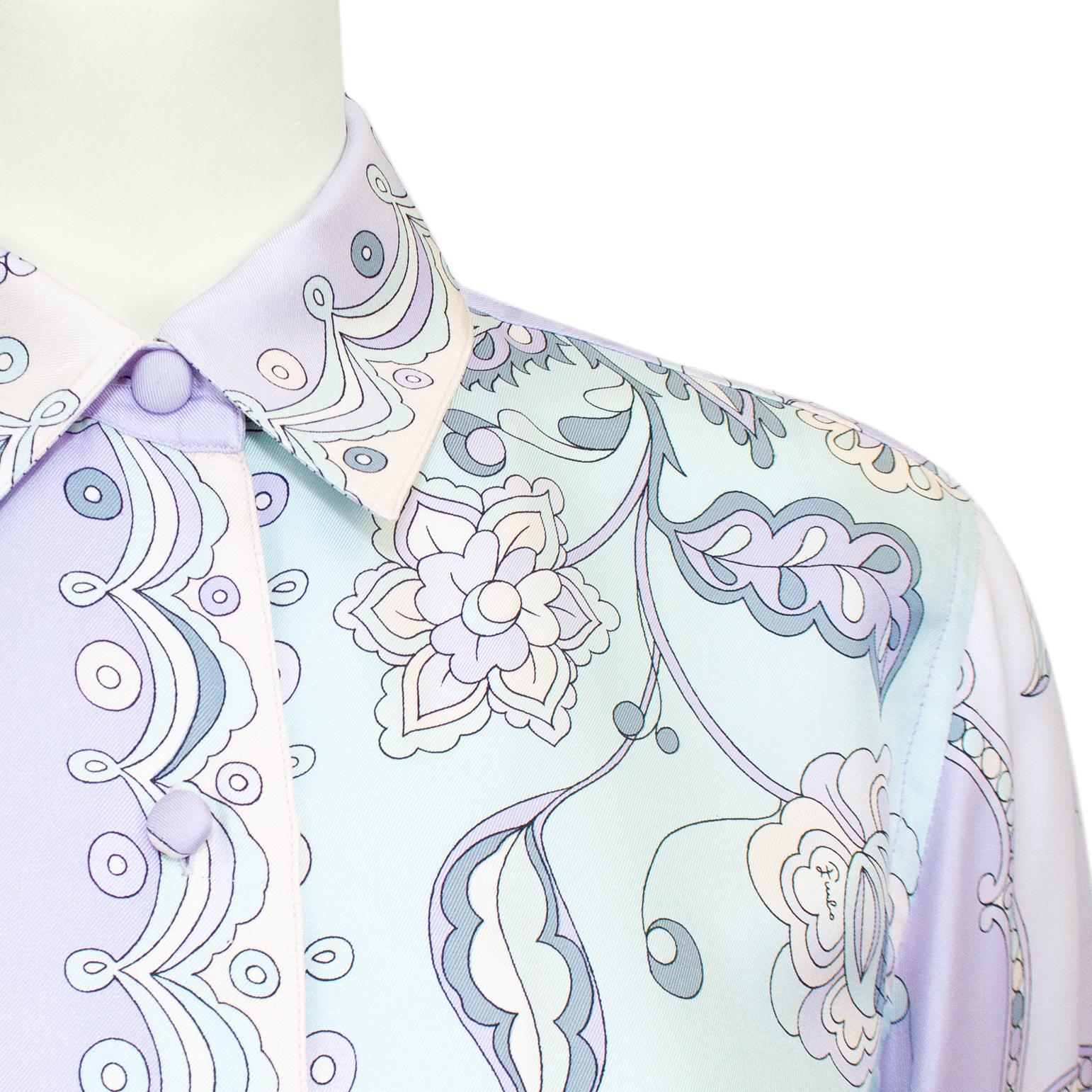 1990s Emilio Pucci Pastel Floral Silk Shirt  In Good Condition For Sale In Toronto, Ontario