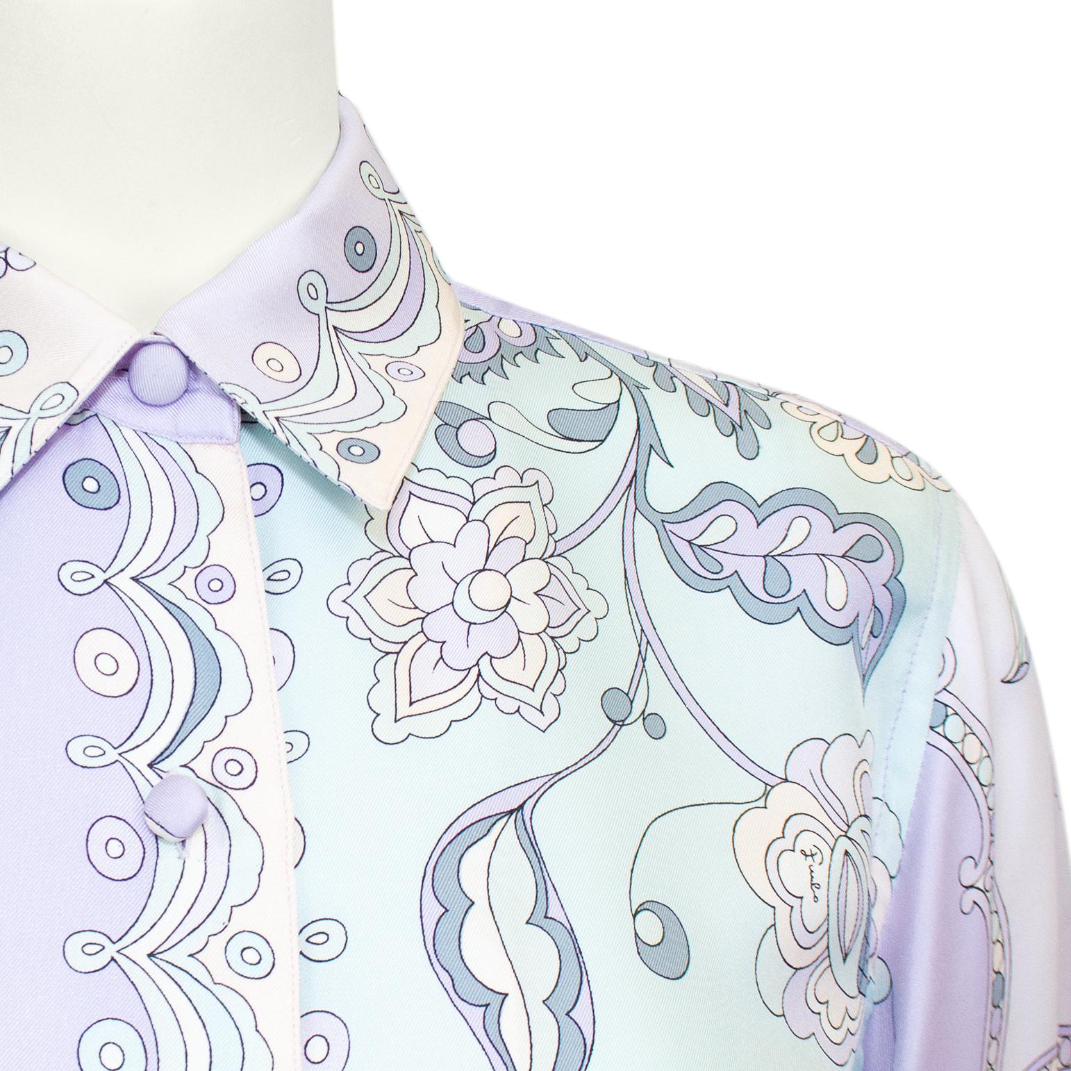 1990s Emilio Pucci Pastel Floral Silk Shirt In Good Condition In Toronto, Ontario