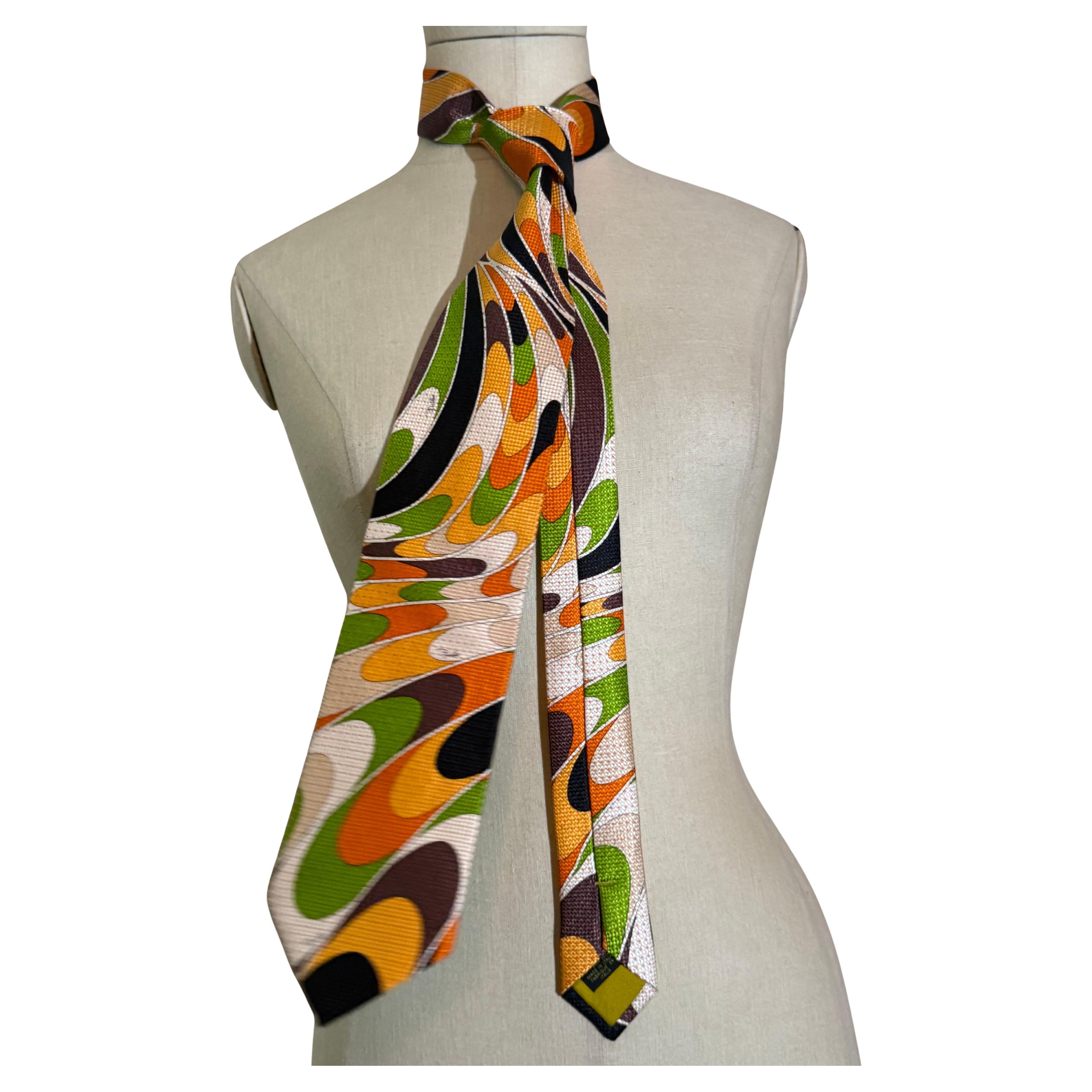 1990s Emilio Pucci Psychedelic Swirl Patterned Silk Men's Tie in Orange & Green