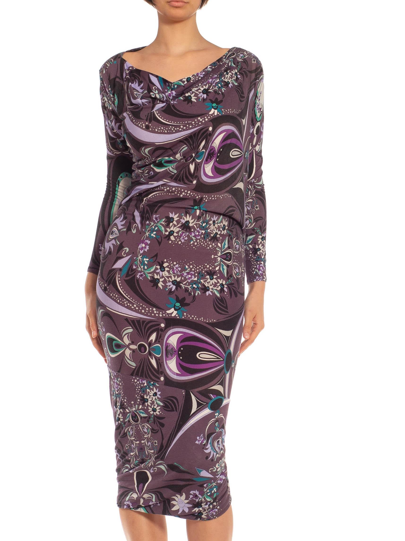1990S EMILIO PUCCI Purple & Brown Viscose Dress In Excellent Condition For Sale In New York, NY