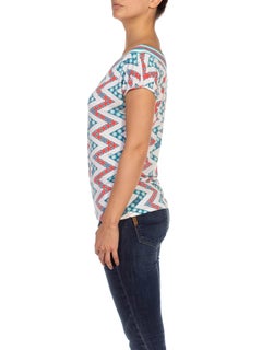 1990S EMILIO PUCCI Red White & Blue Rayon Elastane Zig Zag Geometric Print T-Sh