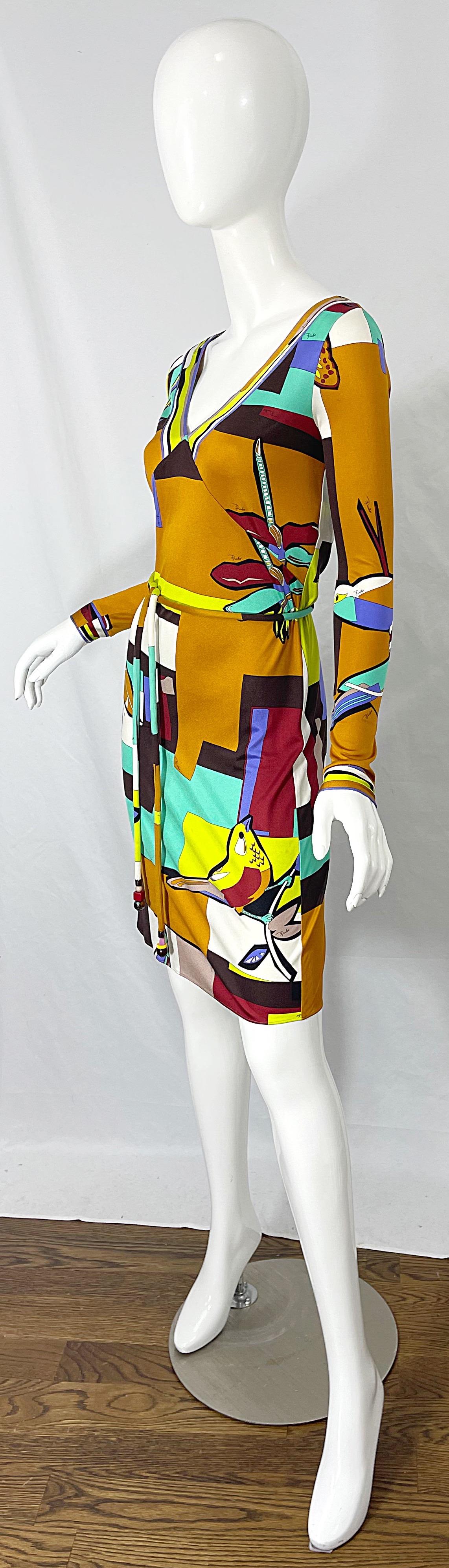Women's 1990s Emilio Pucci Size 4 Novelty Bird Butterfly Print Silk Vintage 90s Dress