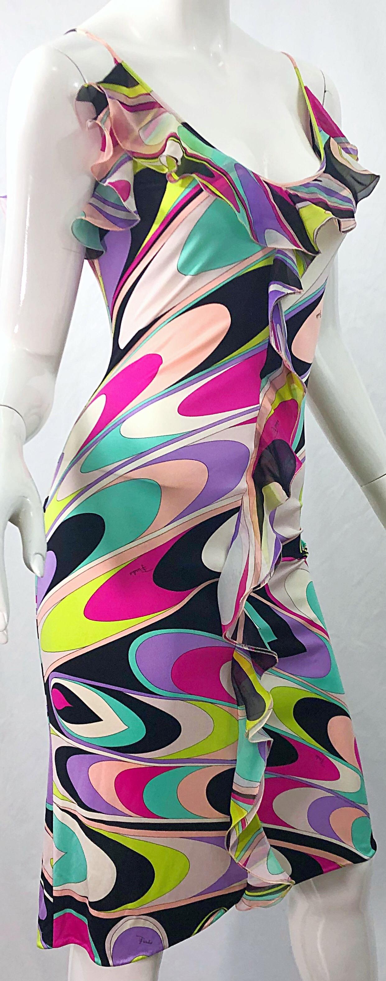 1990s Emilio Pucci Size 8 Silk Jersey Kaleidoscope Print Colorful Vintage Dress 3