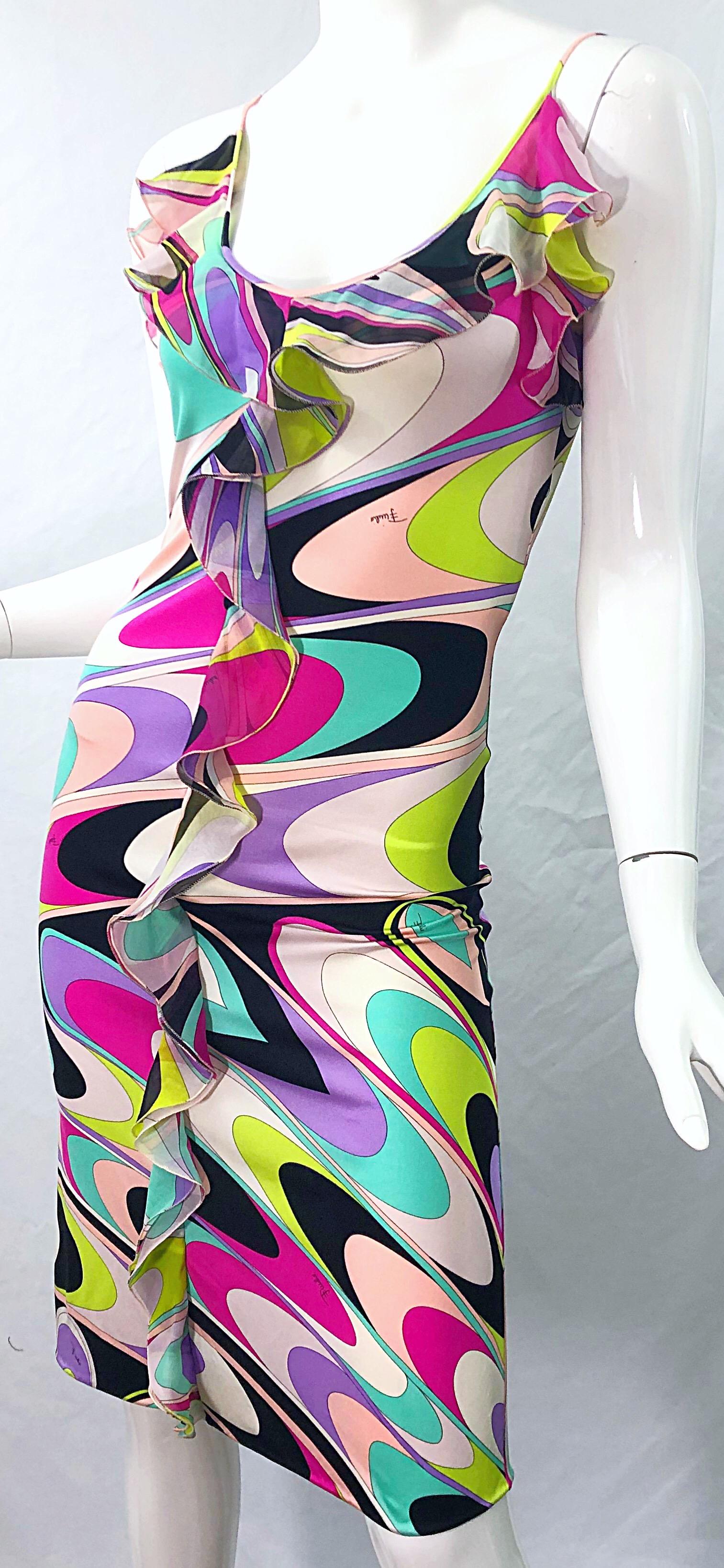 1990s Emilio Pucci Size 8 Silk Jersey Kaleidoscope Print Colorful Vintage Dress 5