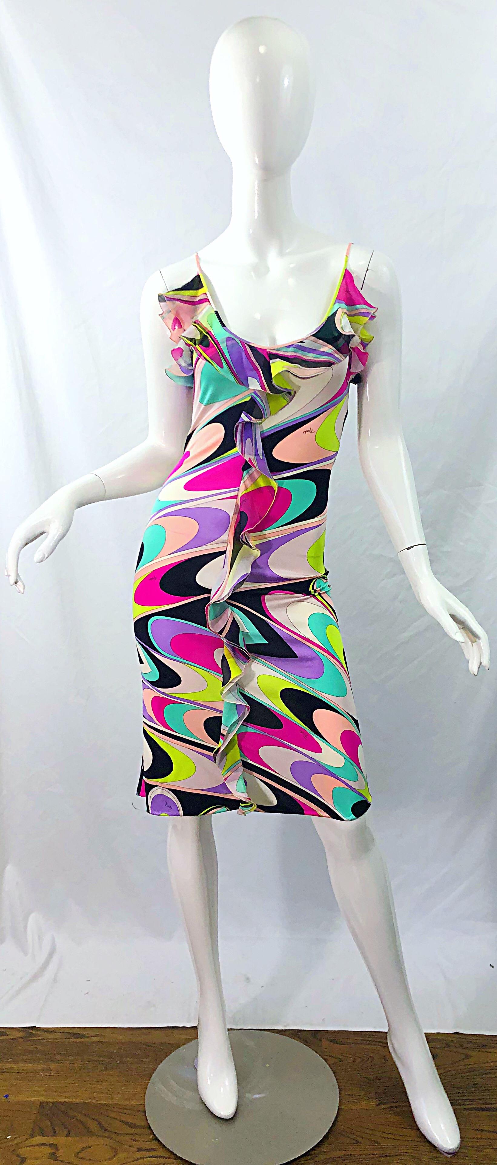 1990s Emilio Pucci Size 8 Silk Jersey Kaleidoscope Print Colorful Vintage Dress 8