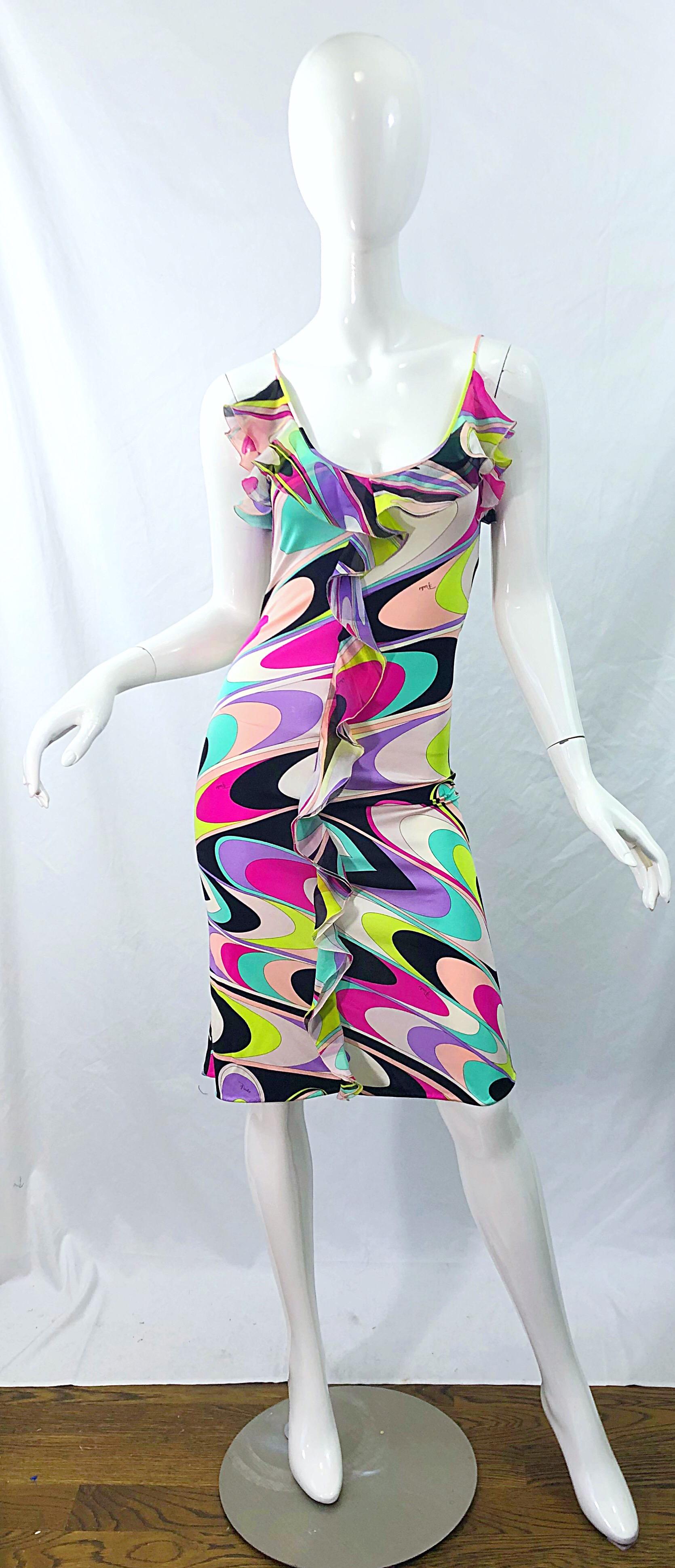 Beautiful late 90s EMILIO PUCCI Size 8 signature kaleidoscope print silk jersey sleeveless spaghetti strap dress! Features vibrant colors of hot pink, light purple lavender, neon lime green, turquoise blue, black, white and light pink throughout.