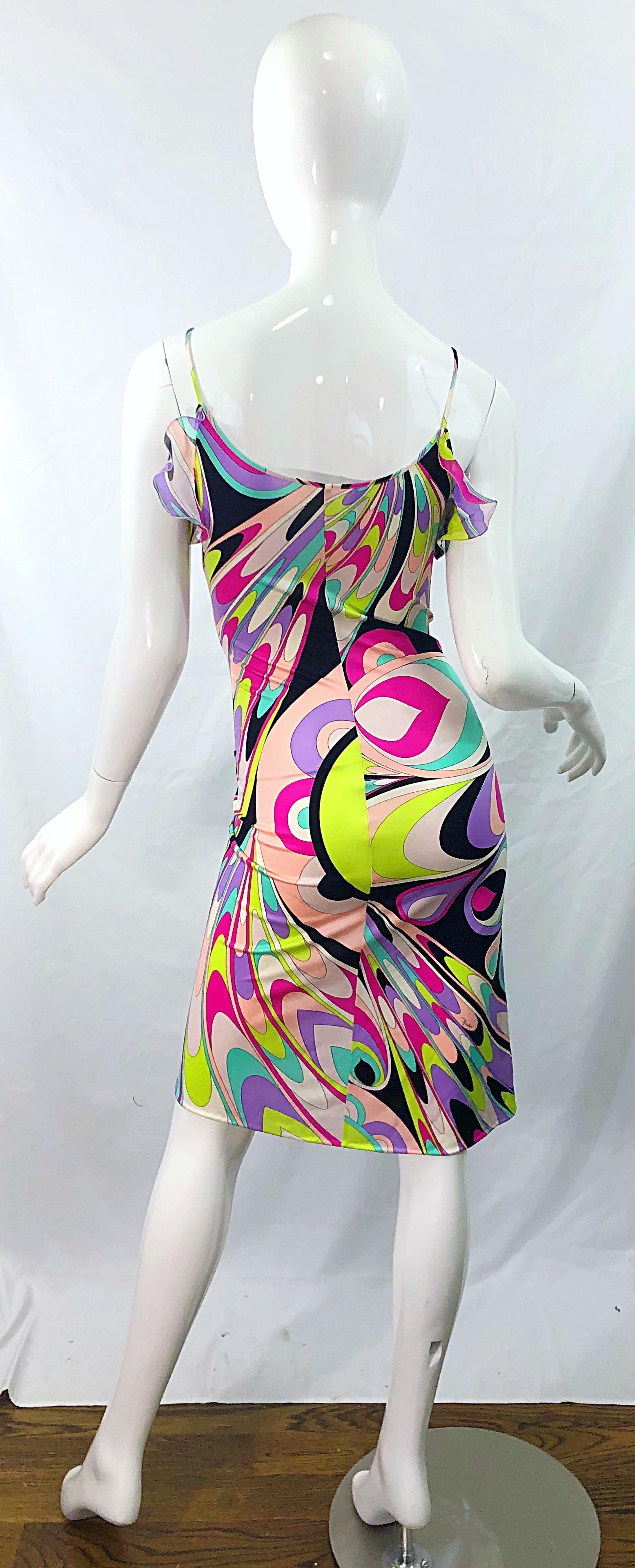 Beige 1990s Emilio Pucci Size 8 Silk Jersey Kaleidoscope Print Colorful Vintage Dress