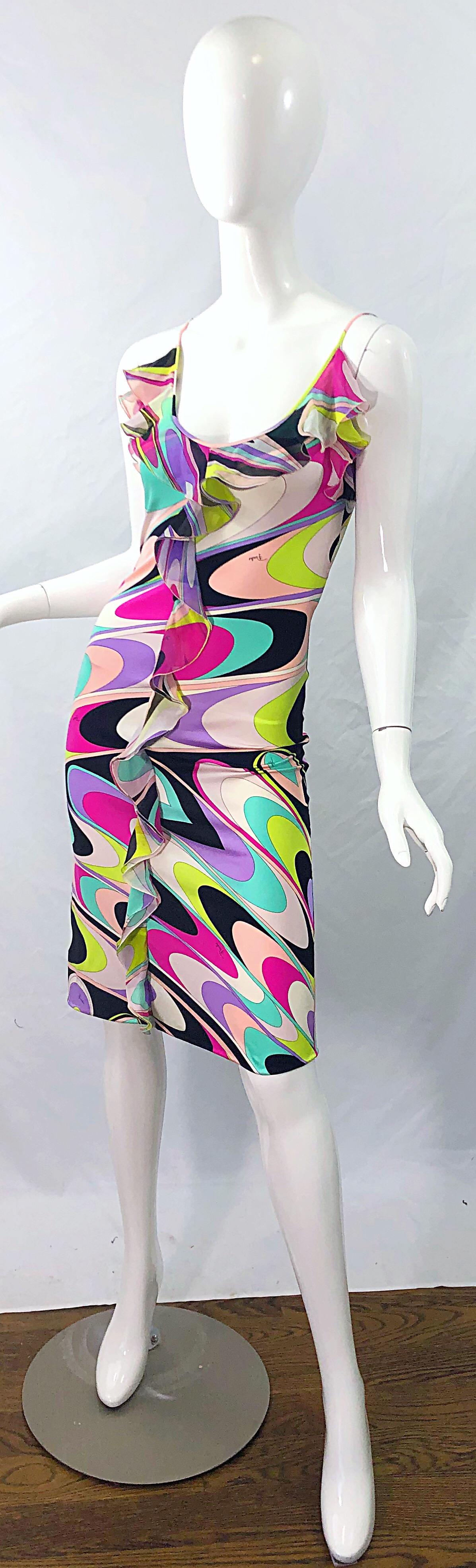 Women's 1990s Emilio Pucci Size 8 Silk Jersey Kaleidoscope Print Colorful Vintage Dress