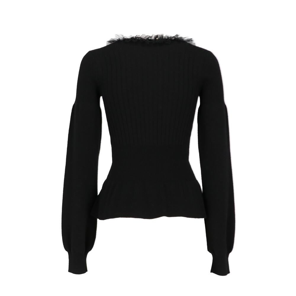 Black 1990s Emporio Armani black wool cardigan. V-neck and front hidden hooks closure