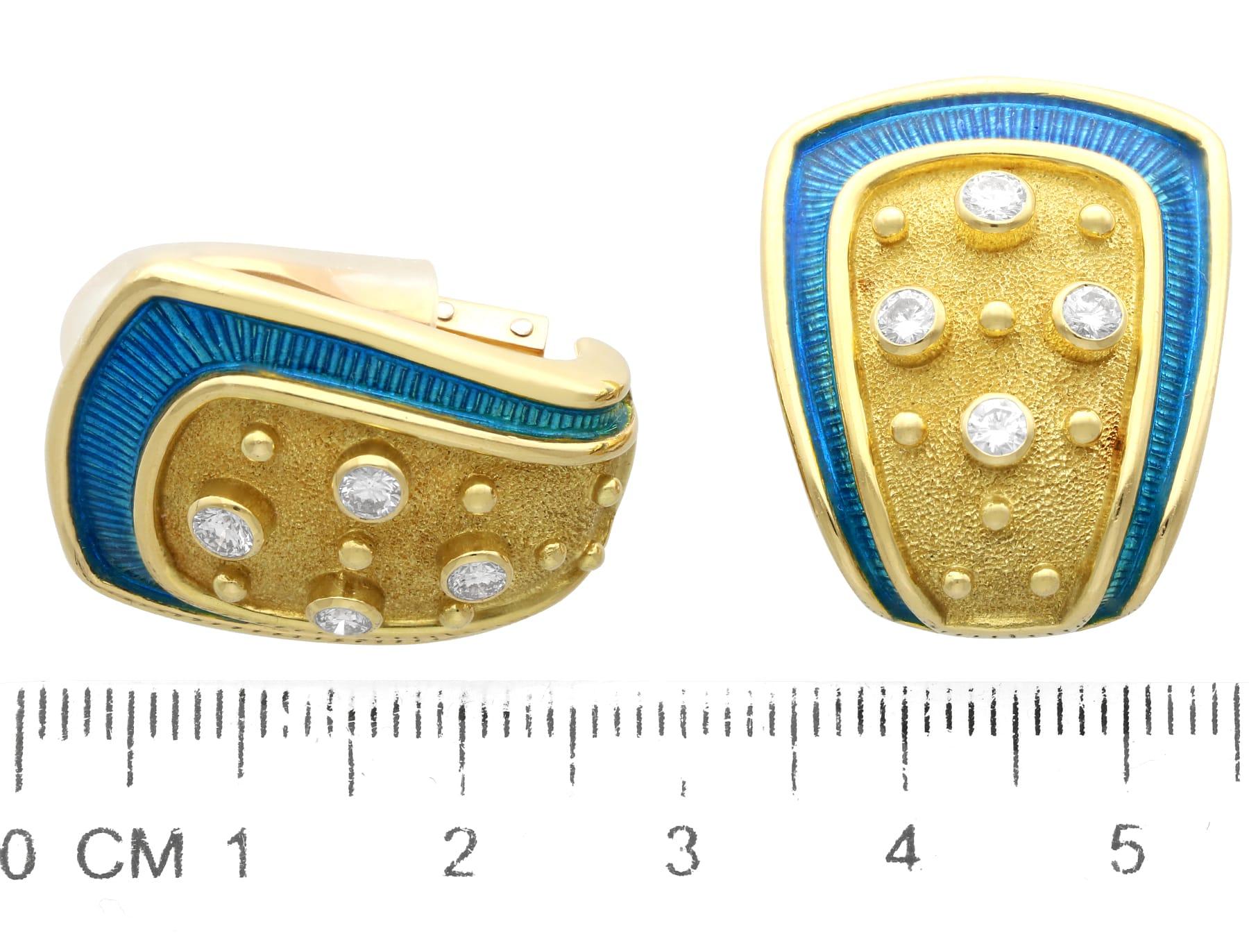 1990s Enamel 0.88 Carat Diamond and 18k Yellow Gold Earrings by De Vroomen For Sale 2
