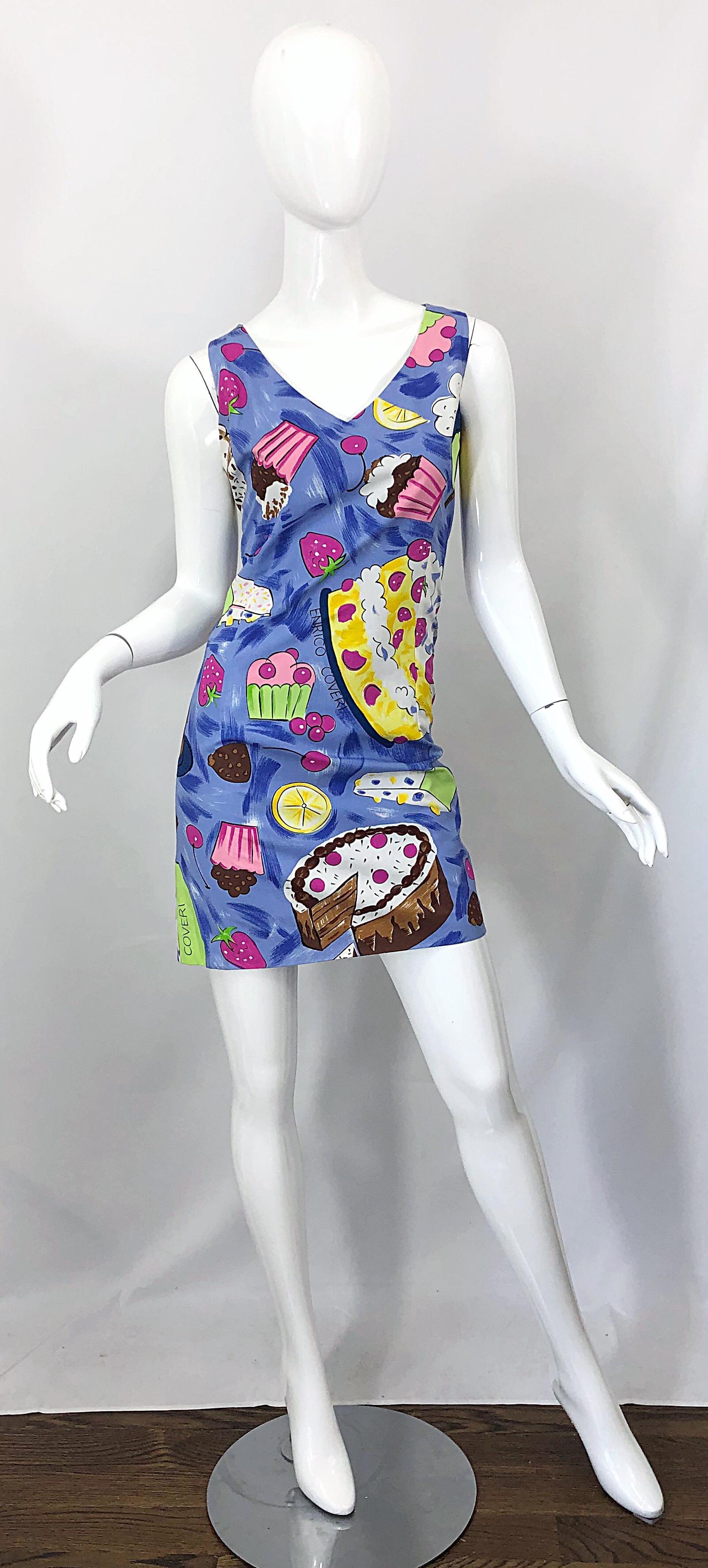 Amazing early 90s ENRICO COVERI novelty print cotton sleeveless dress! Now you CAN have your cake and eat it too! Set on a lavender backdrop, with vibrant colors of lime green, yellow, purple, pink, fuchsia, blue, brown and white throughout. Fun