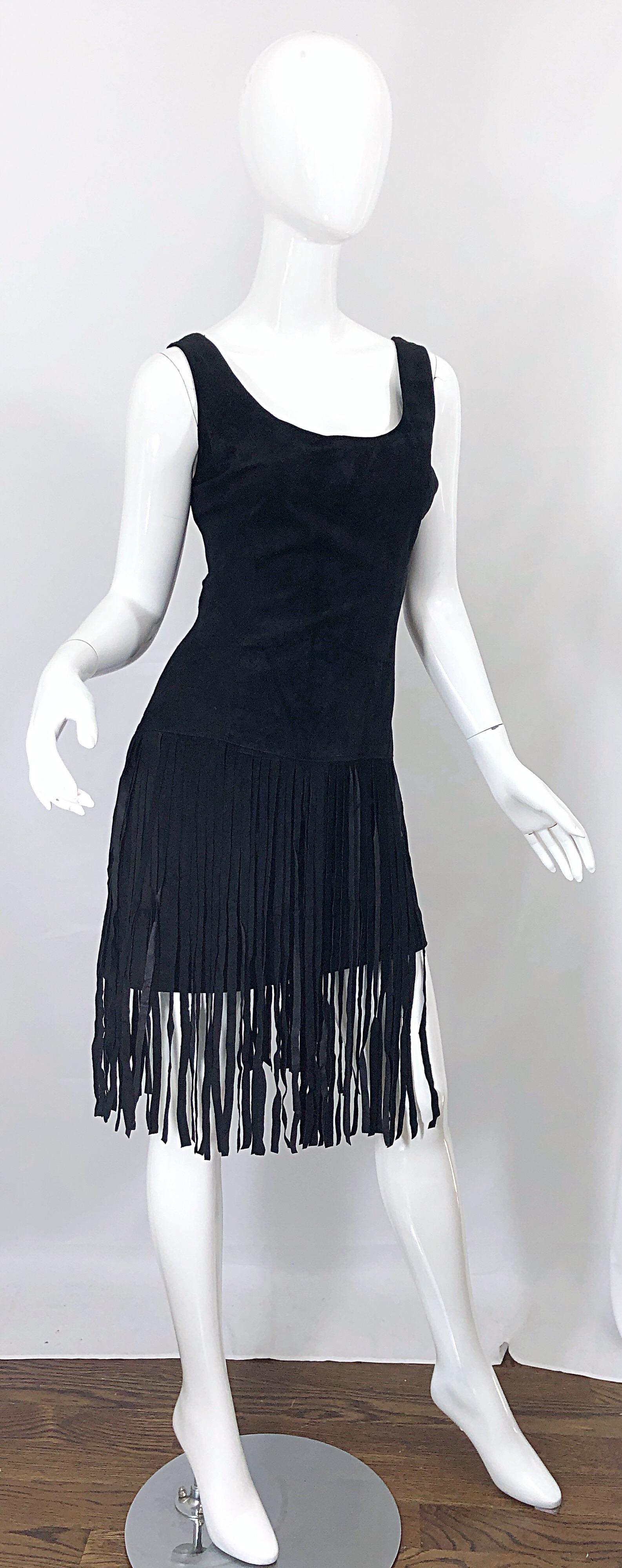 1990s Erez for Lillie Rubin Size 10 Leather Suede Fringe Vintage 90s Mini Dress For Sale 2