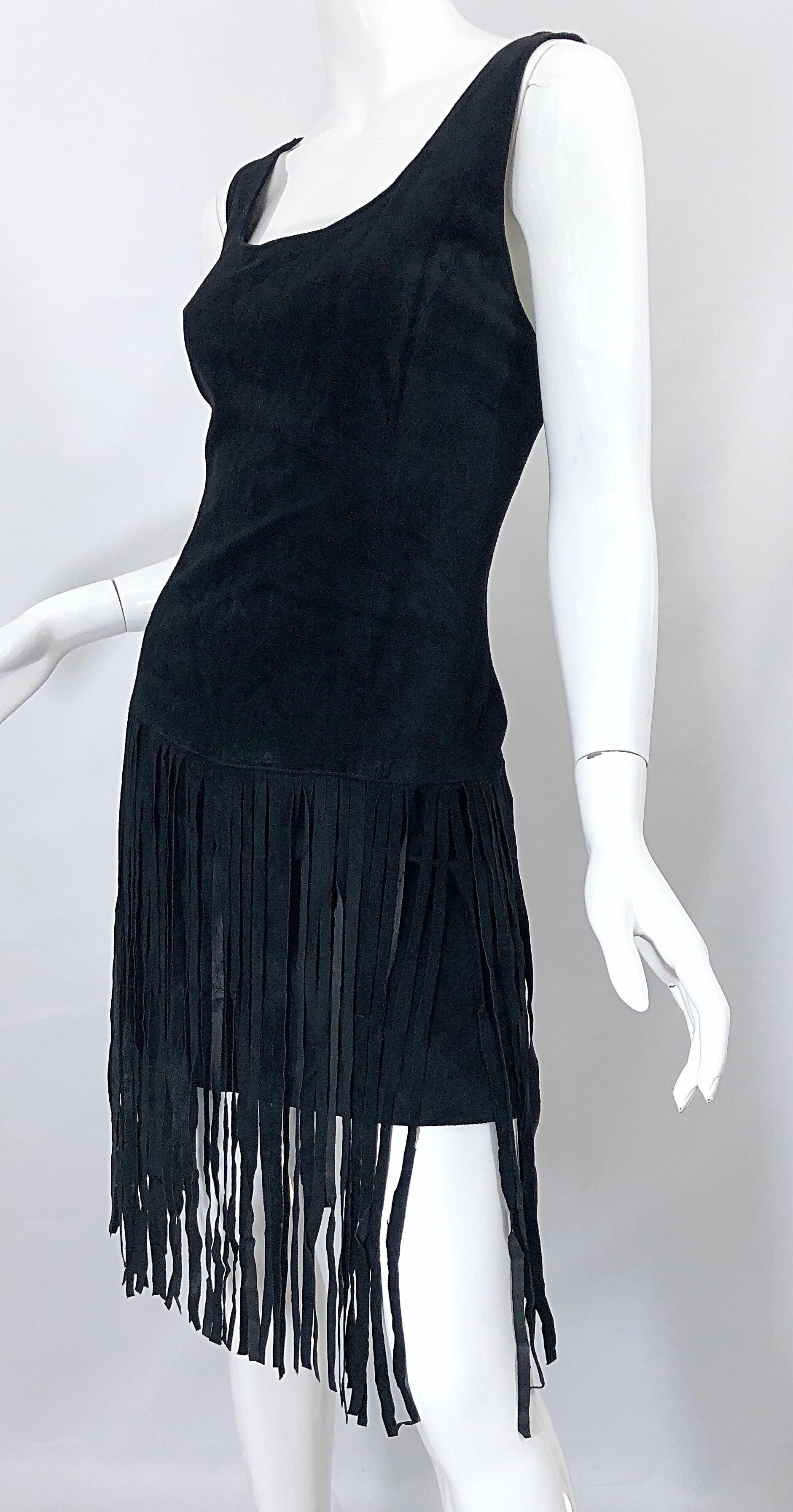 1990s Erez for Lillie Rubin Size 10 Leather Suede Fringe Vintage 90s Mini Dress For Sale 3