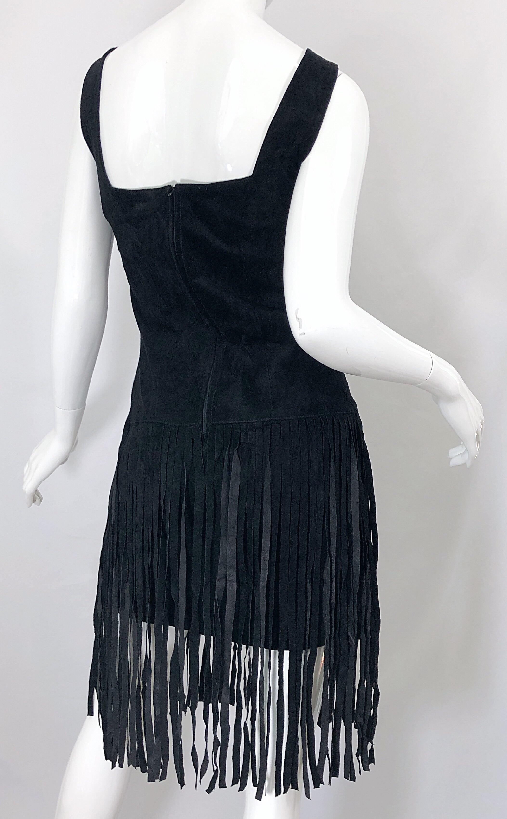 1990s Erez for Lillie Rubin Size 10 Leather Suede Fringe Vintage 90s Mini Dress For Sale 4
