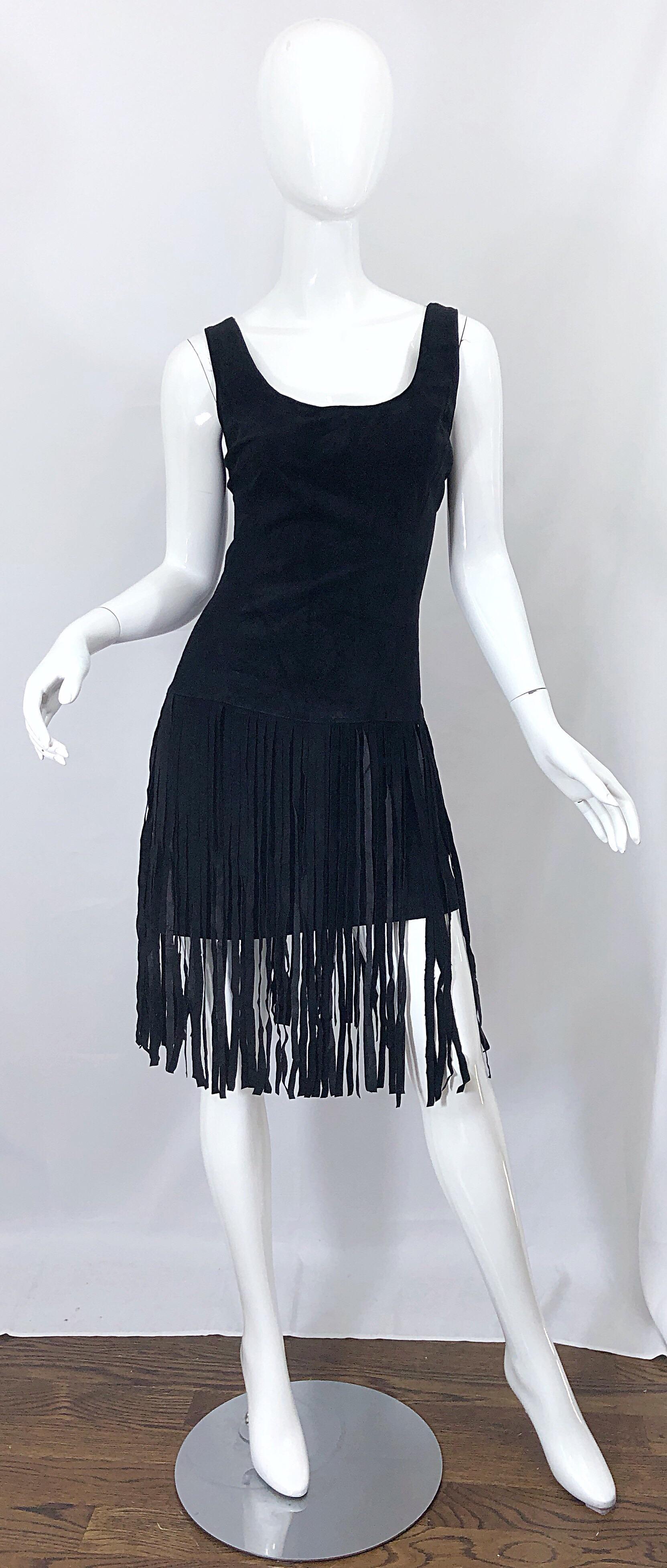 1990s Erez for Lillie Rubin Size 10 Leather Suede Fringe Vintage 90s Mini Dress For Sale 5