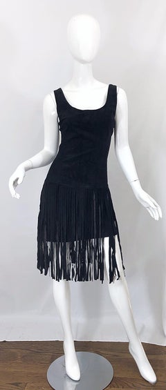 1990s Erez for Lillie Rubin Size 10 Leather Suede Fringe Vintage 90s Mini Dress