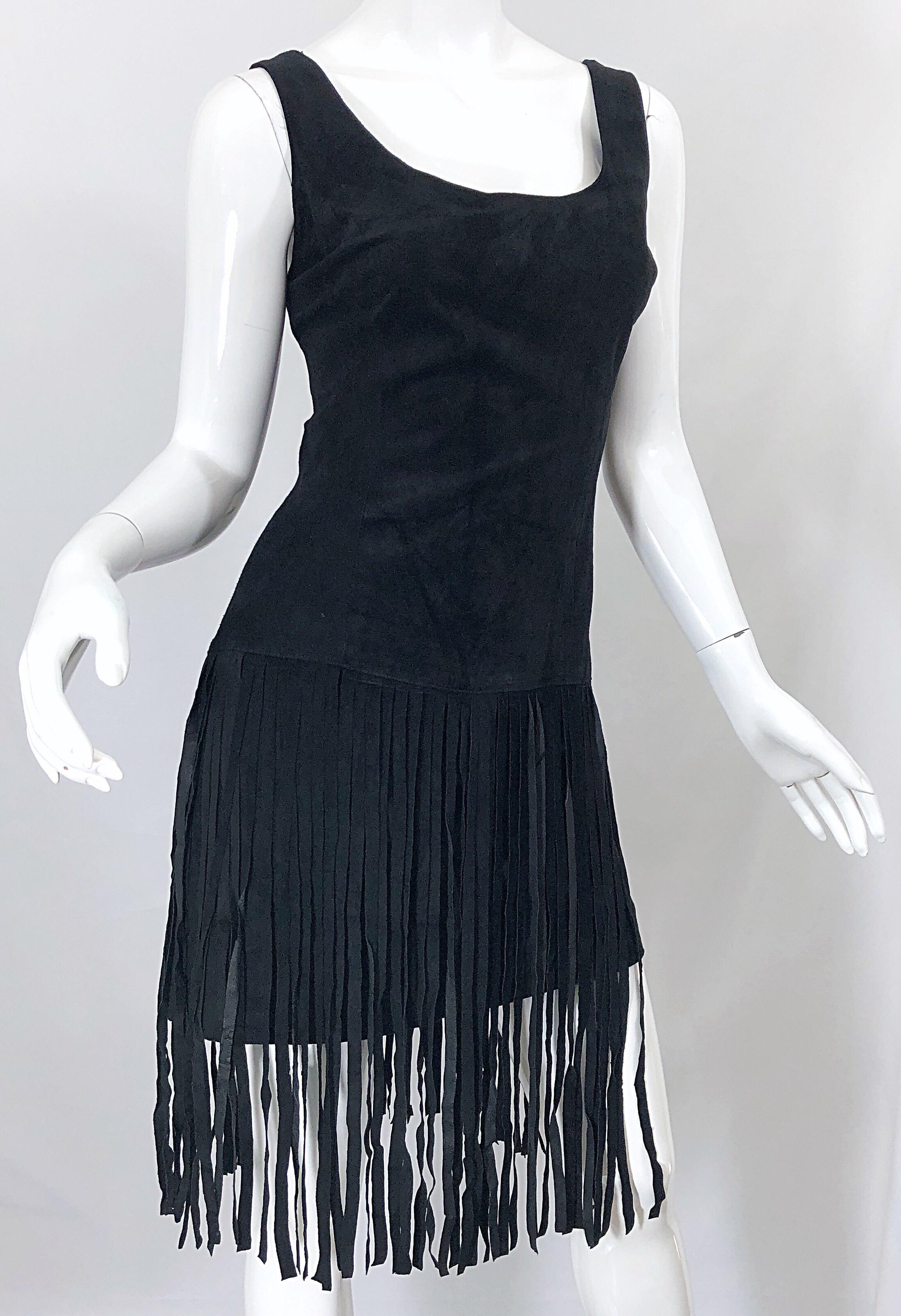 Black 1990s Erez for Lillie Rubin Size 10 Leather Suede Fringe Vintage 90s Mini Dress For Sale