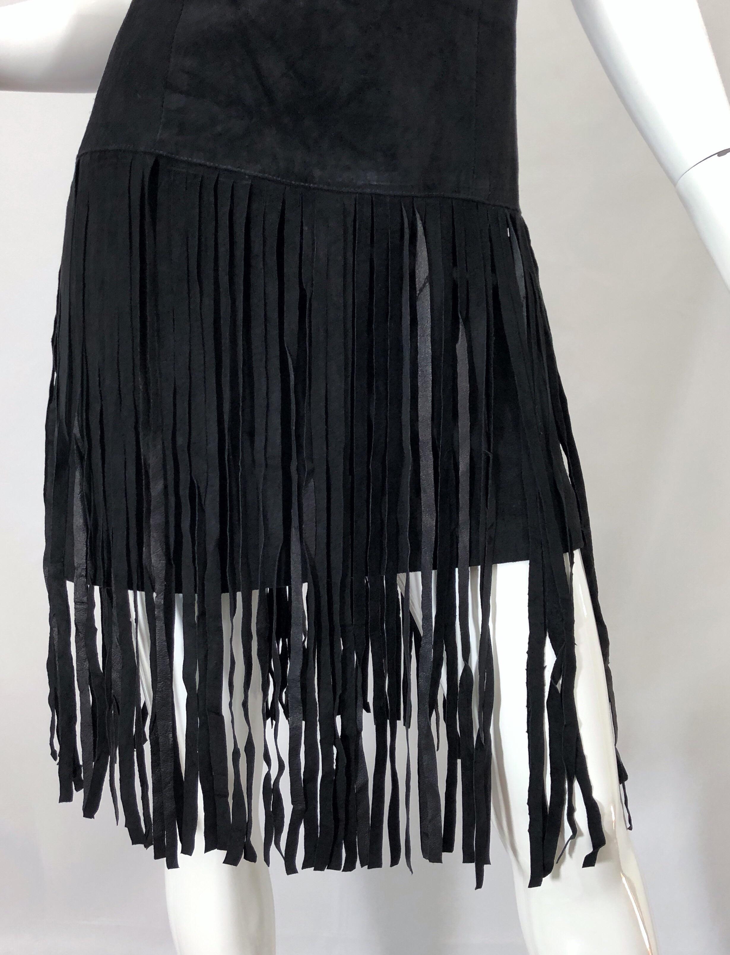 1990s Erez for Lillie Rubin Size 10 Leather Suede Fringe Vintage 90s Mini Dress In Excellent Condition For Sale In San Diego, CA