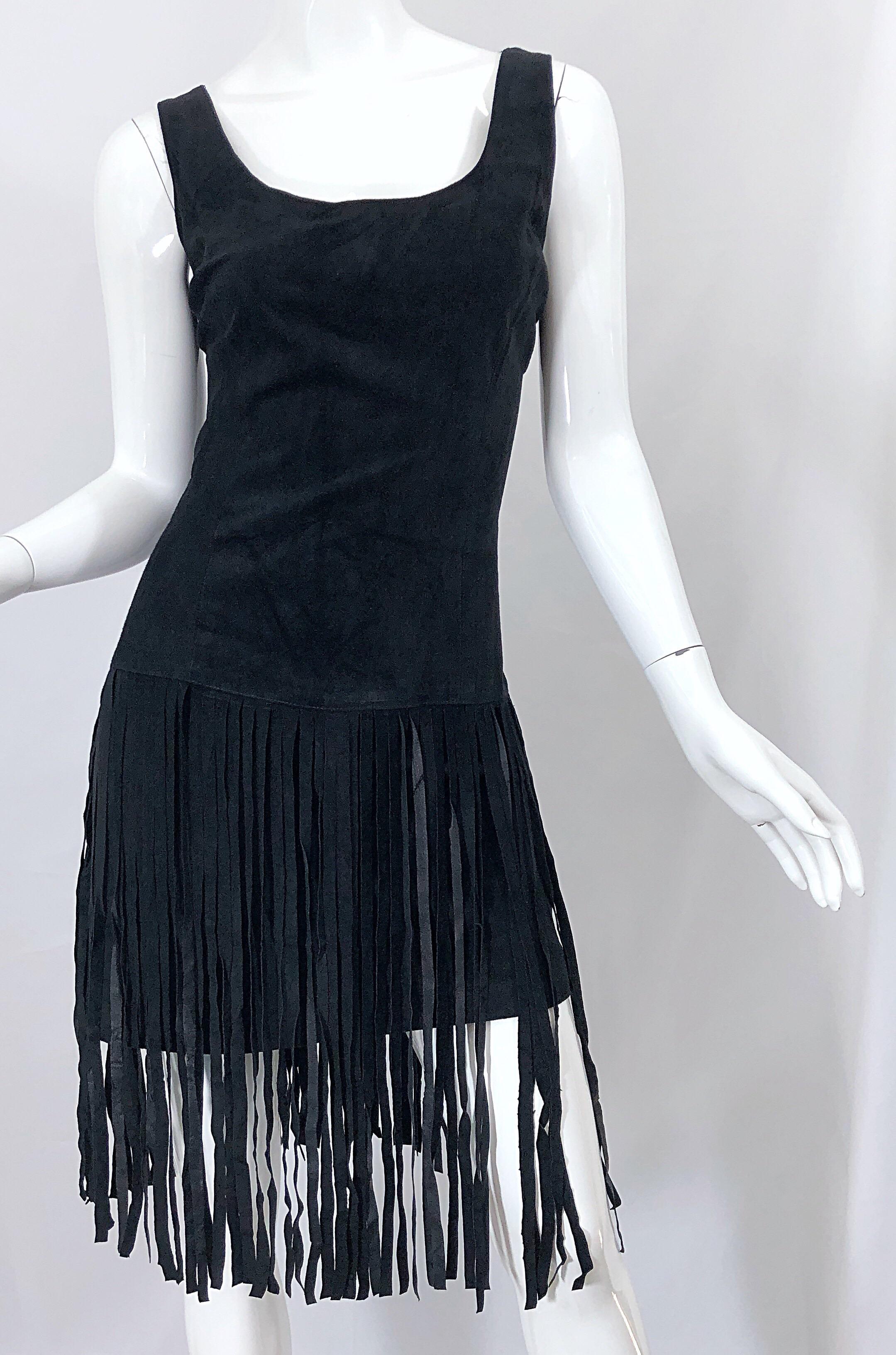 Women's 1990s Erez for Lillie Rubin Size 10 Leather Suede Fringe Vintage 90s Mini Dress For Sale