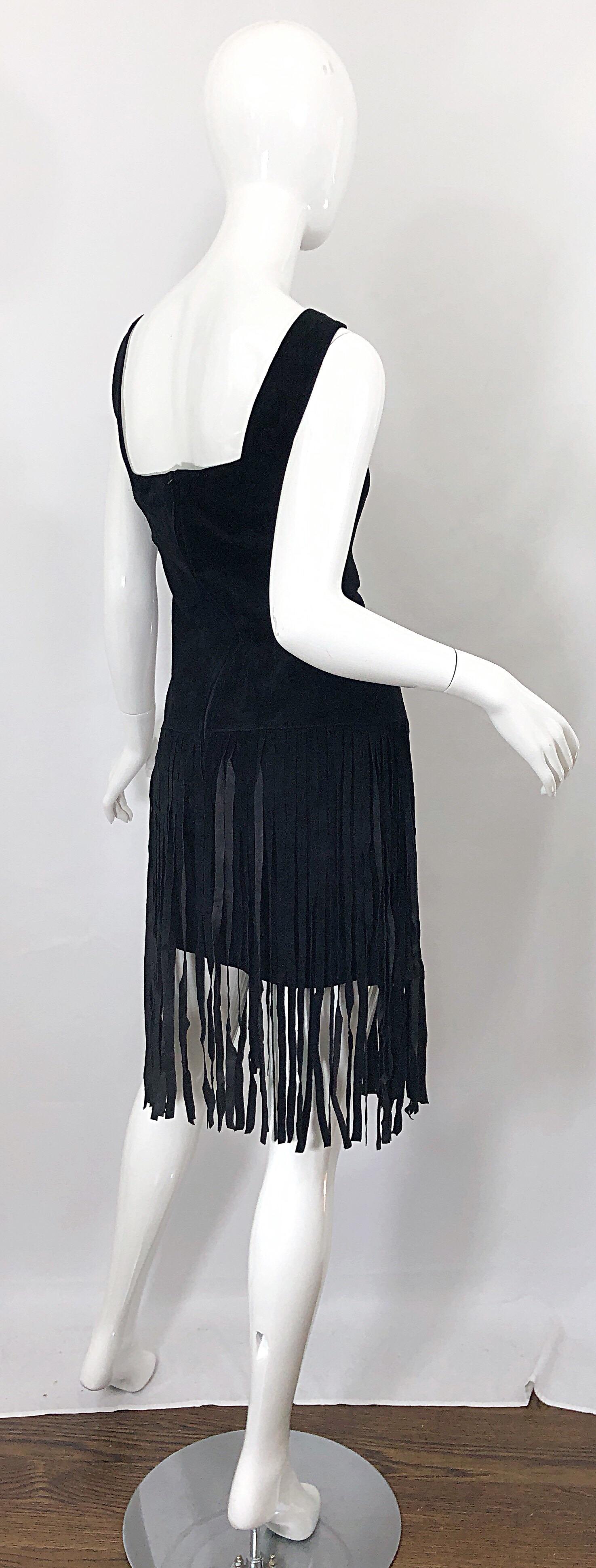 1990s Erez for Lillie Rubin Size 10 Leather Suede Fringe Vintage 90s Mini Dress For Sale 1
