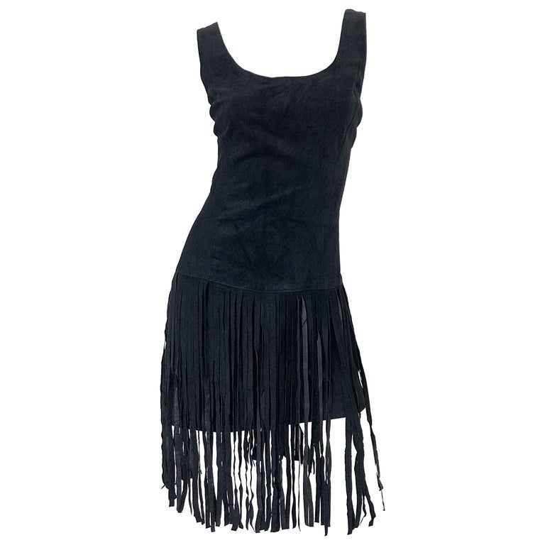 1990s Erez For Lillie Rubin Size 10 Leather Suede Fringe Vintage 90s Mini Dress