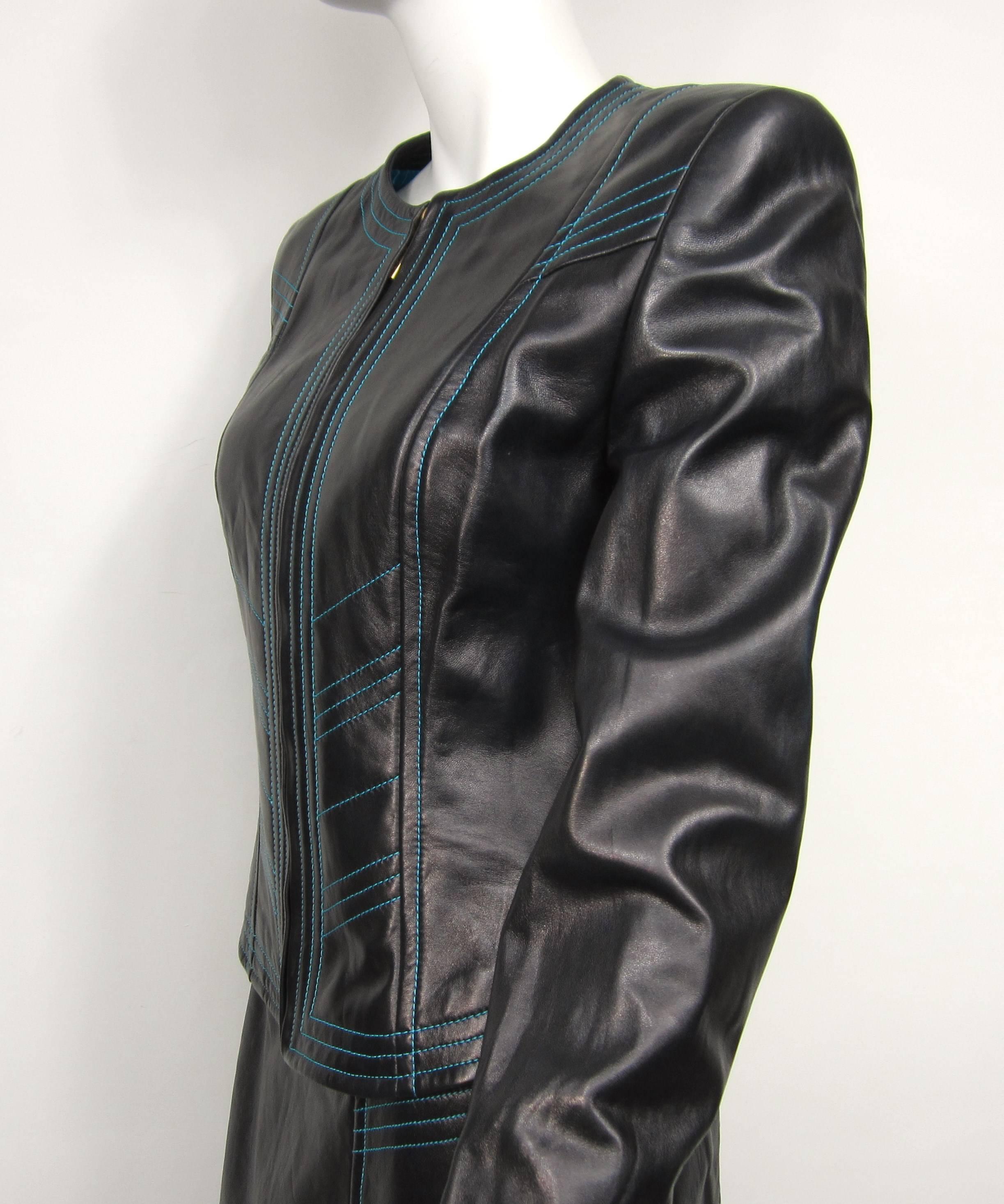 1990's Escada Black & Blue Leather Fitted Jacket In Good Condition For Sale In Wallkill, NY