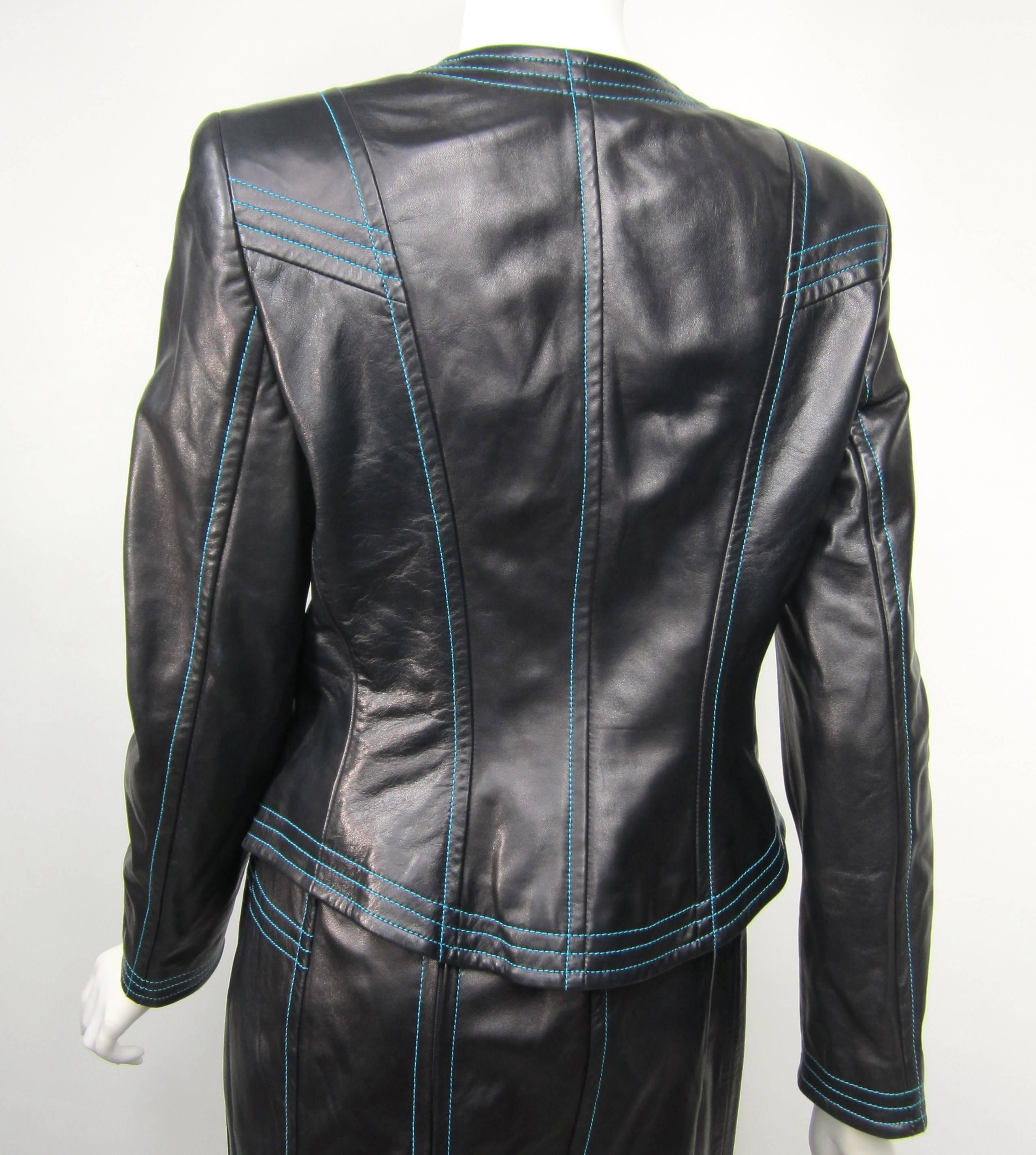 Women's 1990's Escada Black & Blue Leather Fitted Jacket For Sale