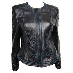 Retro 1990's Escada Black & Blue Leather Fitted Jacket