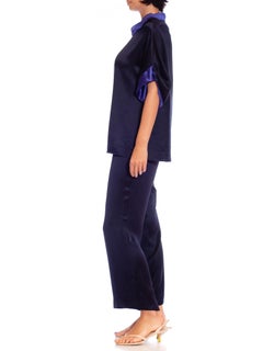 1990S ESCADA Black & Blue Silk Satin Loose Top Panta Ensemble