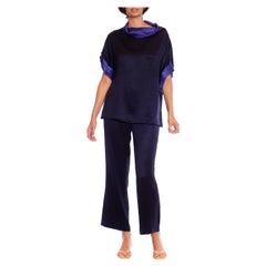 Panta Ensemble ESCADA anni '90 in raso di seta nero e blu, con top allentato