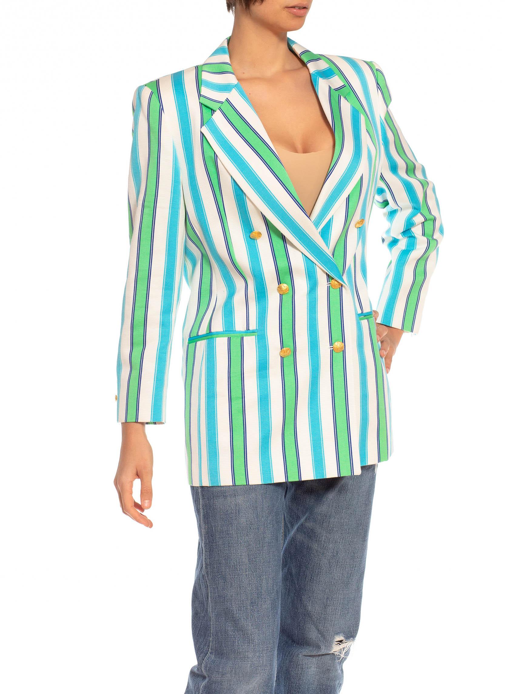 Tagged an EU size 44 1990S Escada Blue & Green Striped Cotton Blazer With Gold Starfish Buttons 