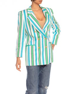 1990S ESCADA Blue & Green Striped Cotton Blazer With Gold Starfish Buttons
