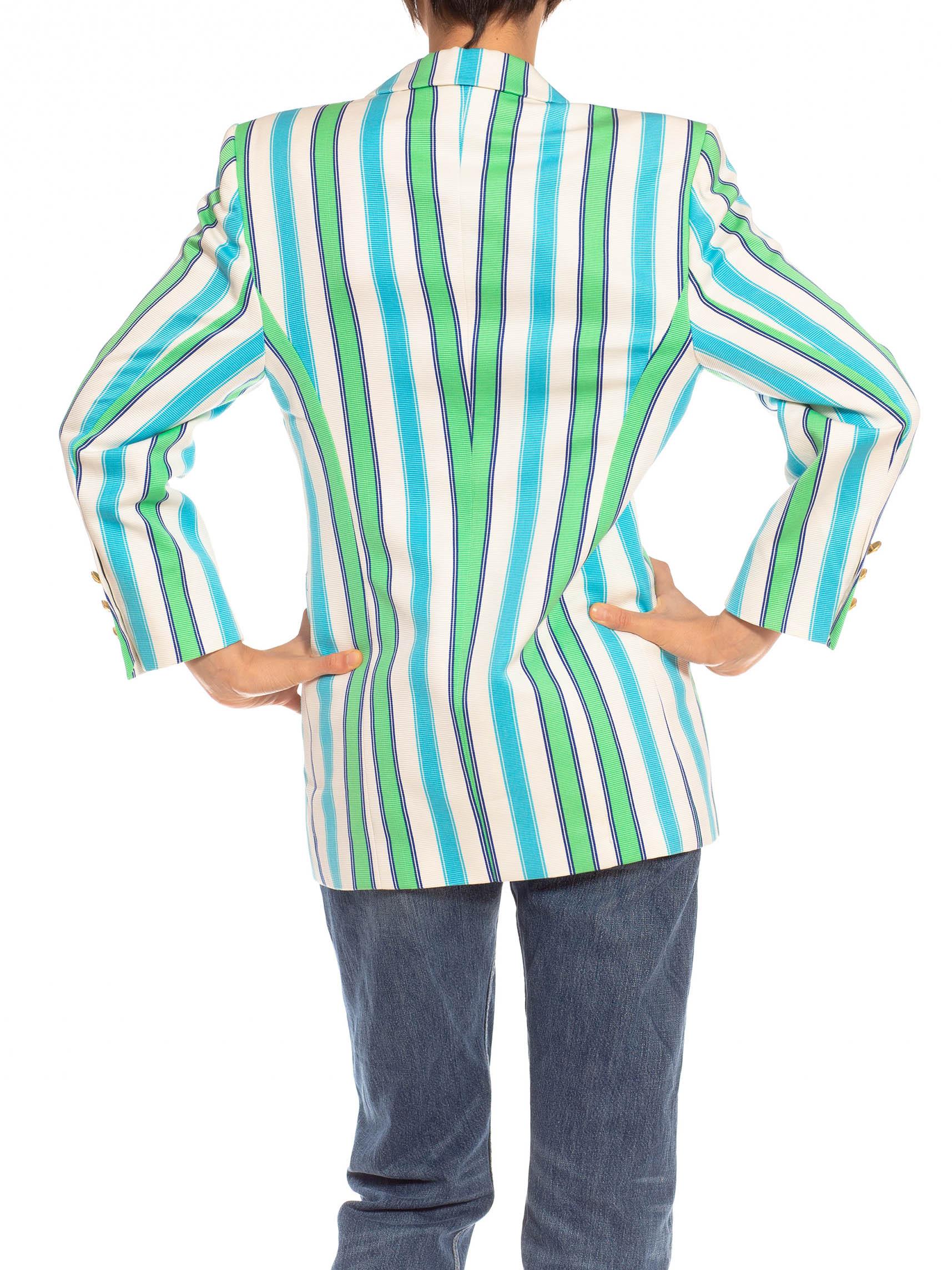 1990S Escada Blue & Green Striped Cotton Blazer With Gold Starfish Buttons For Sale 4