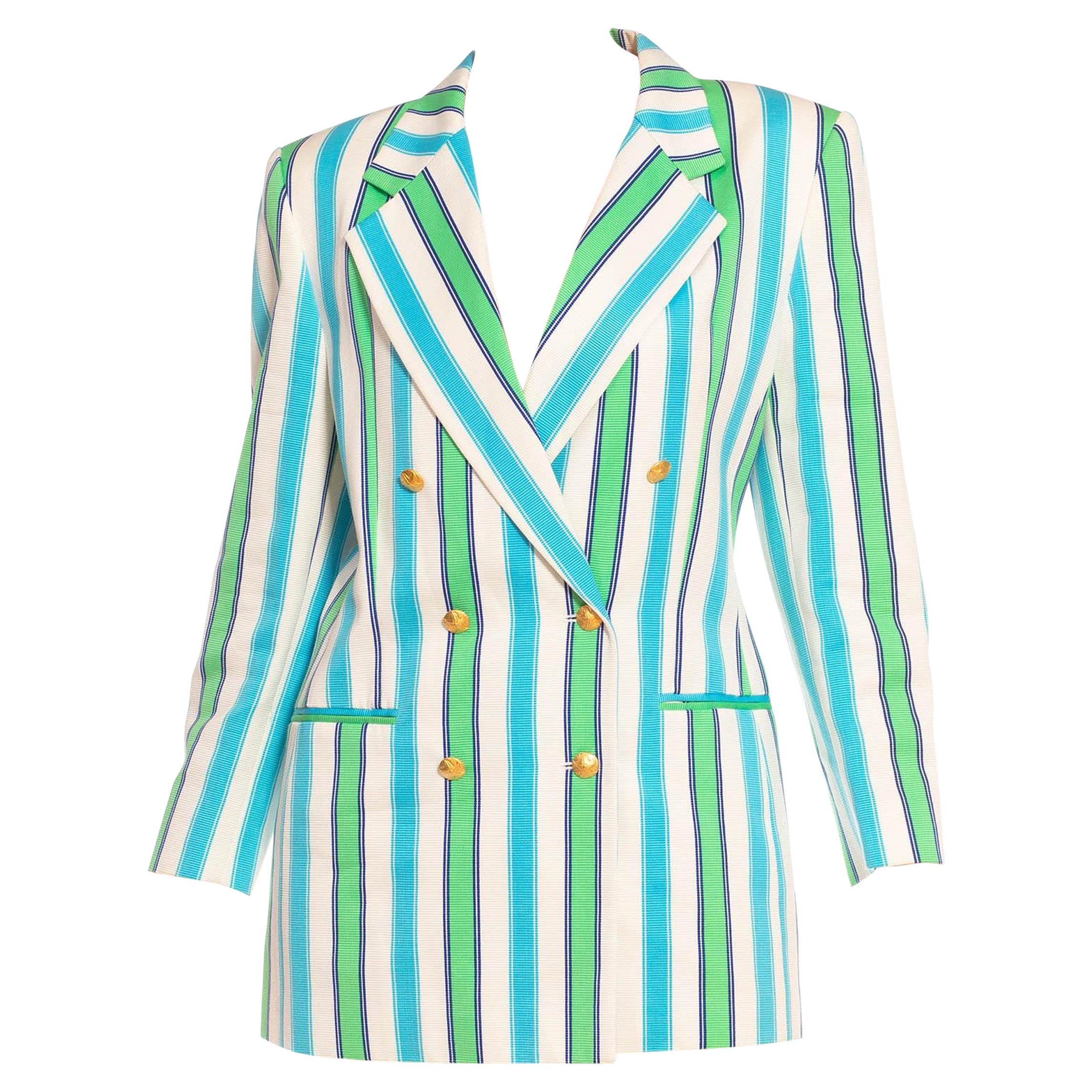1990S ESCADA Blazer in cotone a righe blu e verdi con bottoni dorati a forma di stella marina