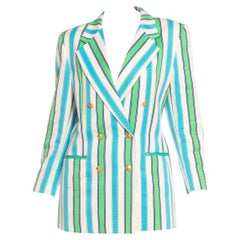1990S ESCADA Blue & Green Striped Cotton Blazer With Gold Starfish Buttons
