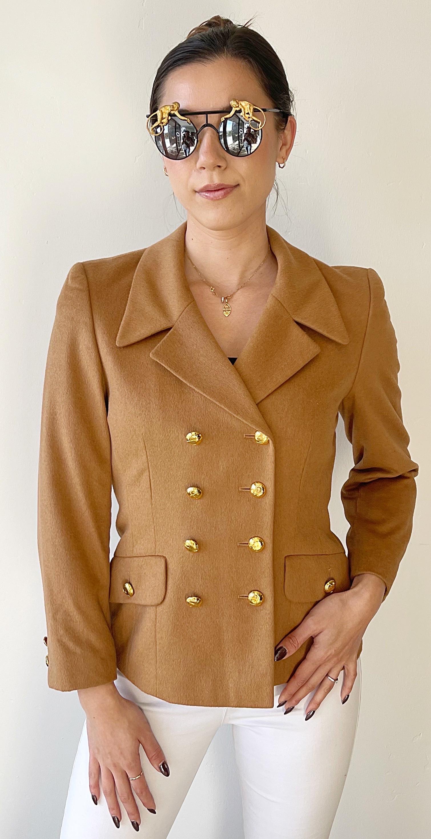 1990s Escada by Margaretha Ley Camel Cashmere Bend Double Breasted 90s Blazer For Sale 9