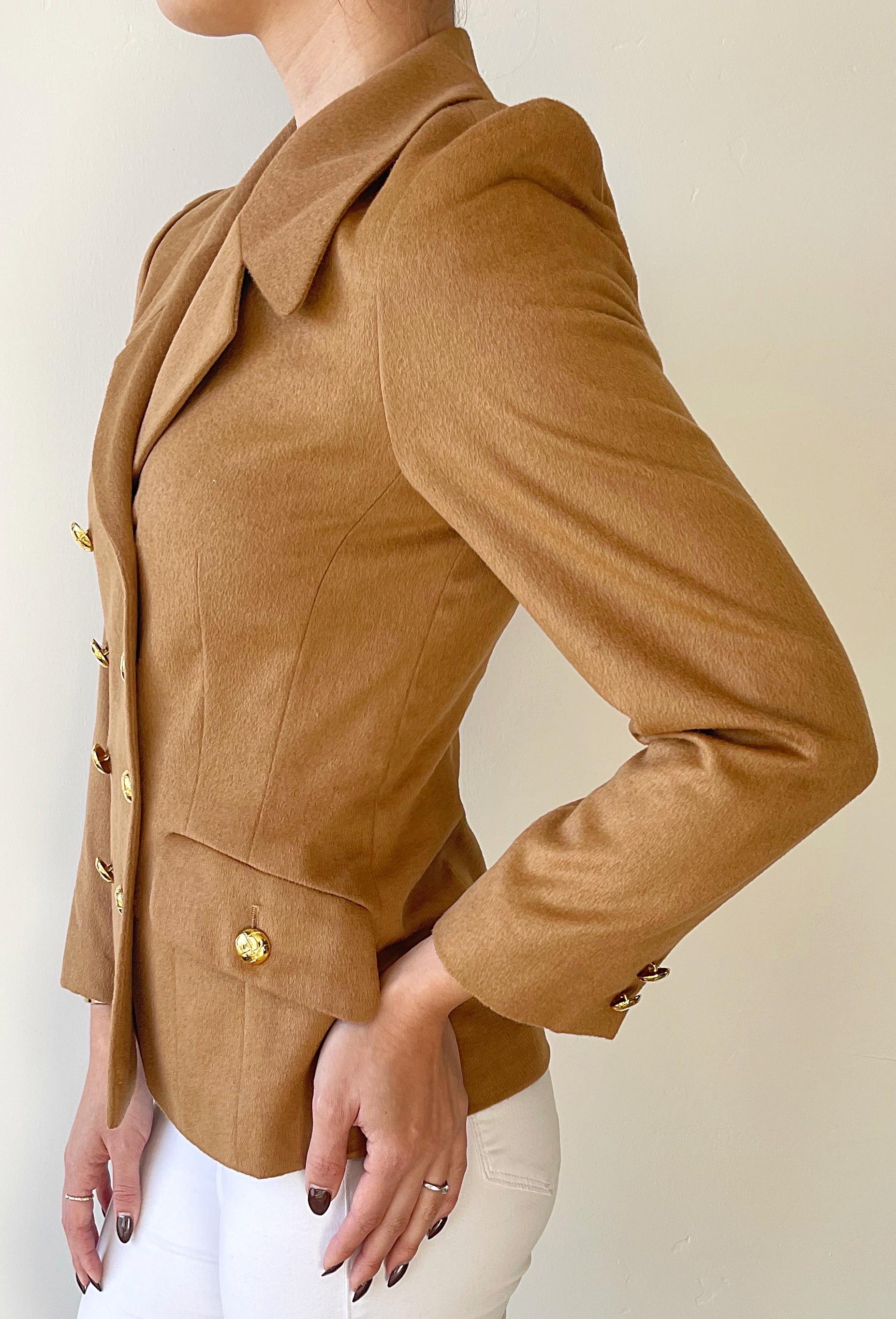 Brown 1990s Escada by Margaretha Ley Camel Cashmere Bend Double Breasted 90s Blazer For Sale
