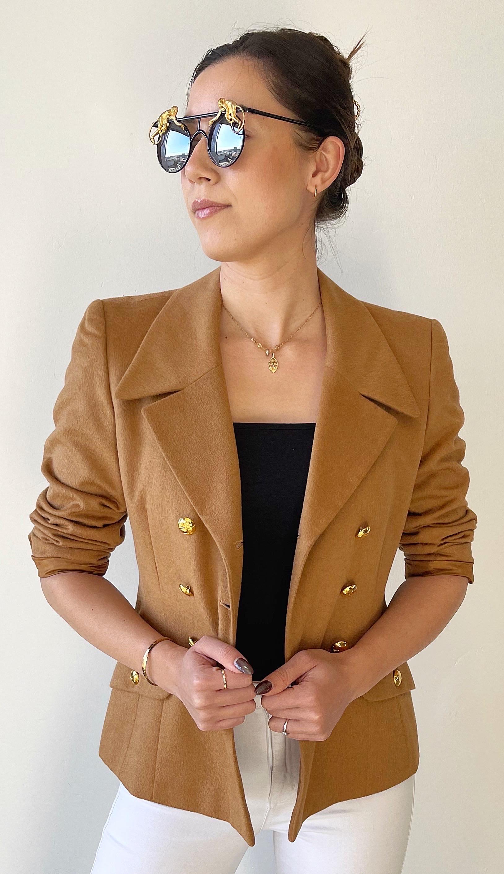 1990s Escada by Margaretha Ley Camel Cashmere Bend Double Breasted 90s Blazer In Excellent Condition For Sale In San Diego, CA