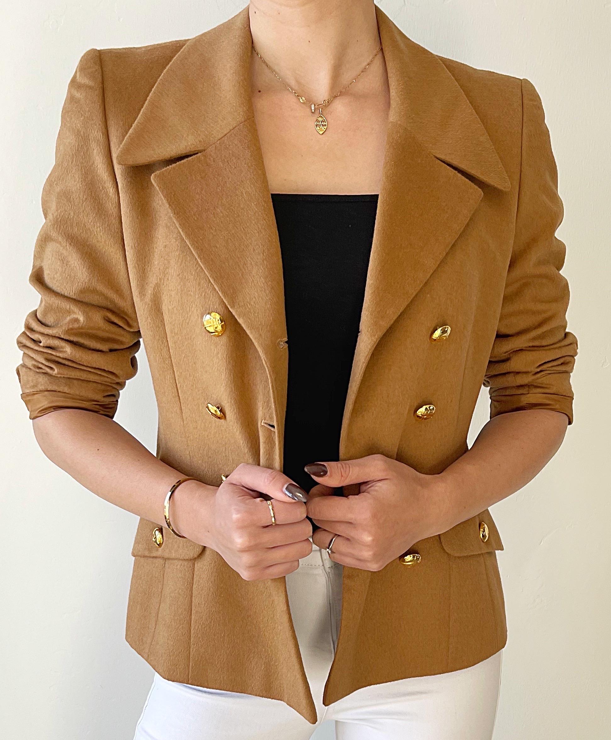 1990s Escada by Margaretha Ley Camel Cashmere Bend Double Breasted 90s Blazer For Sale 2