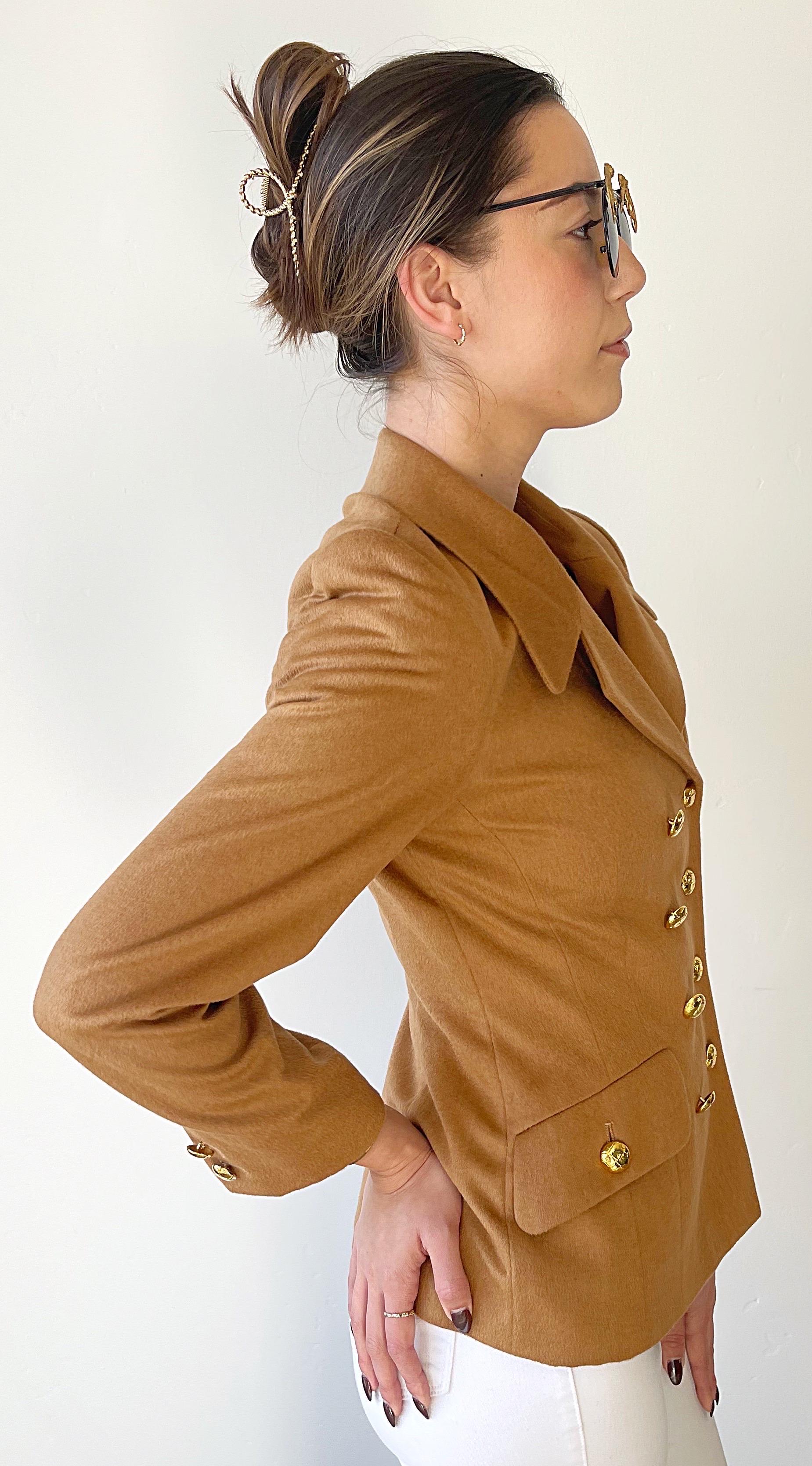 1990s Escada by Margaretha Ley Camel Cashmere Bend Double Breasted 90s Blazer For Sale 3