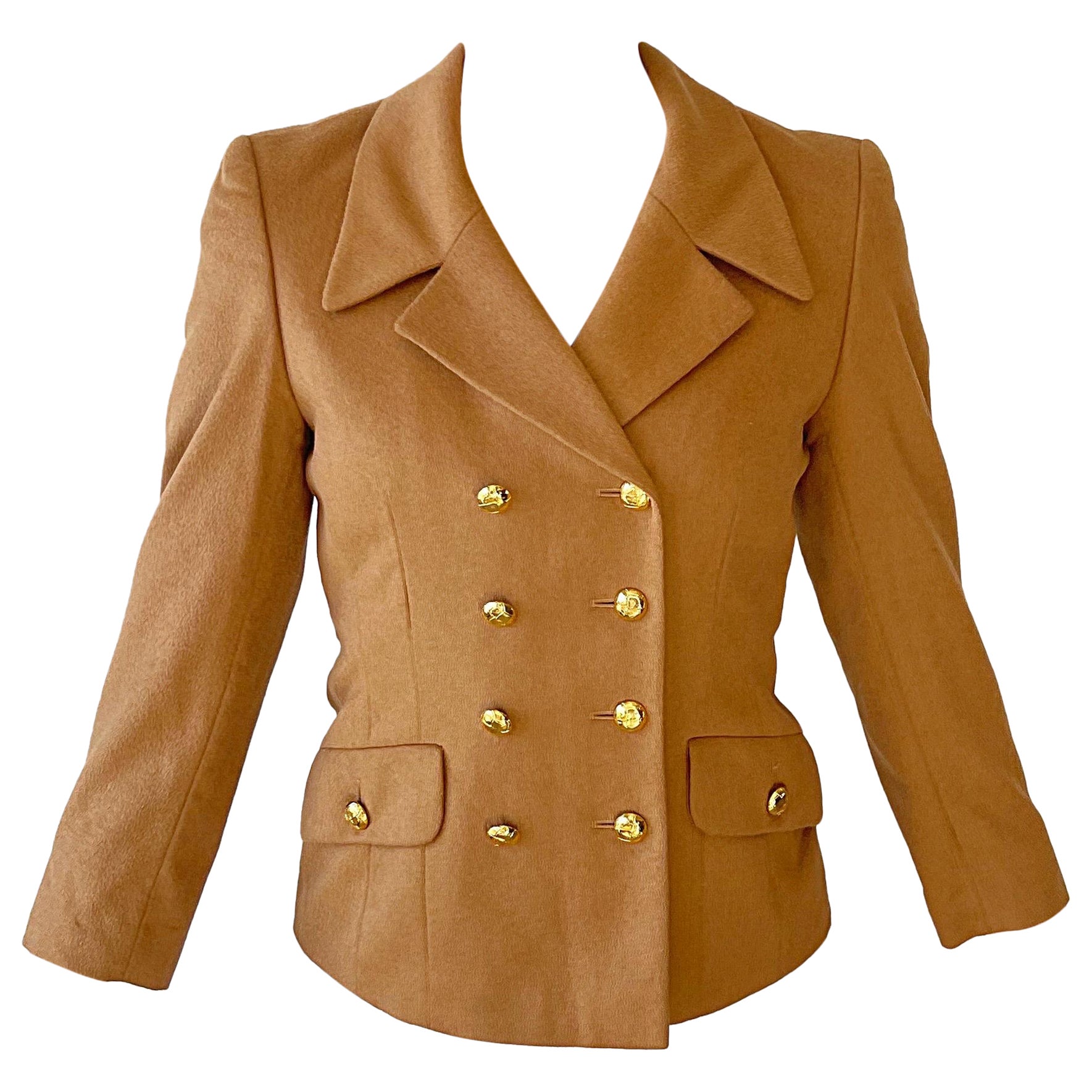1990 Escada by Margaretha Ley Camel Cashmere Bend Double Breasted 90s Blazer en vente