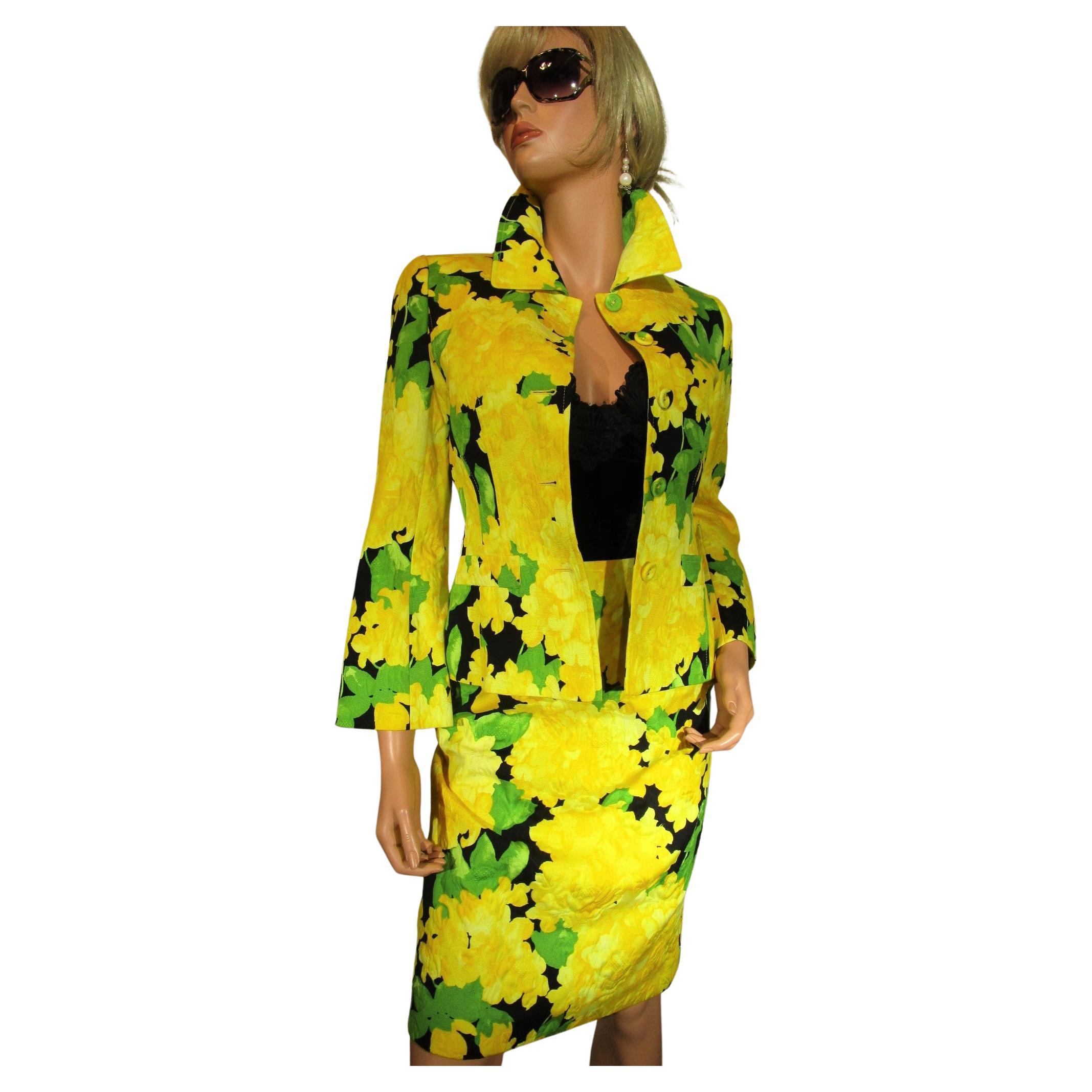 1990s ESCADA 2-Pc Outfit Skirt & Blazer Jacket Yellow Green Black Sz 34/36 For Sale