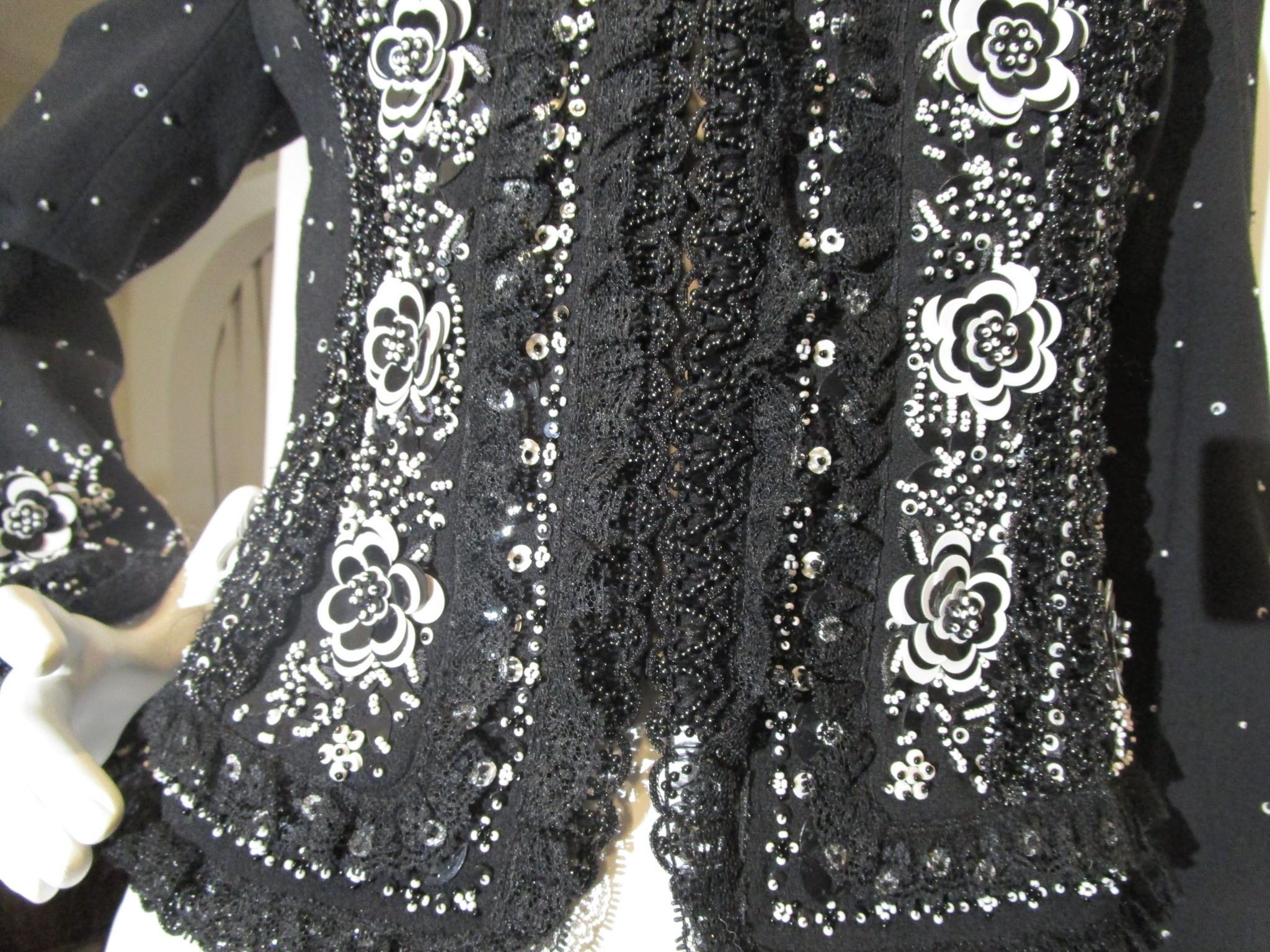 Women's 1990s ESCADA Couture Jacket Black & White Beaded Sequin Lace Sz 36 For Sale