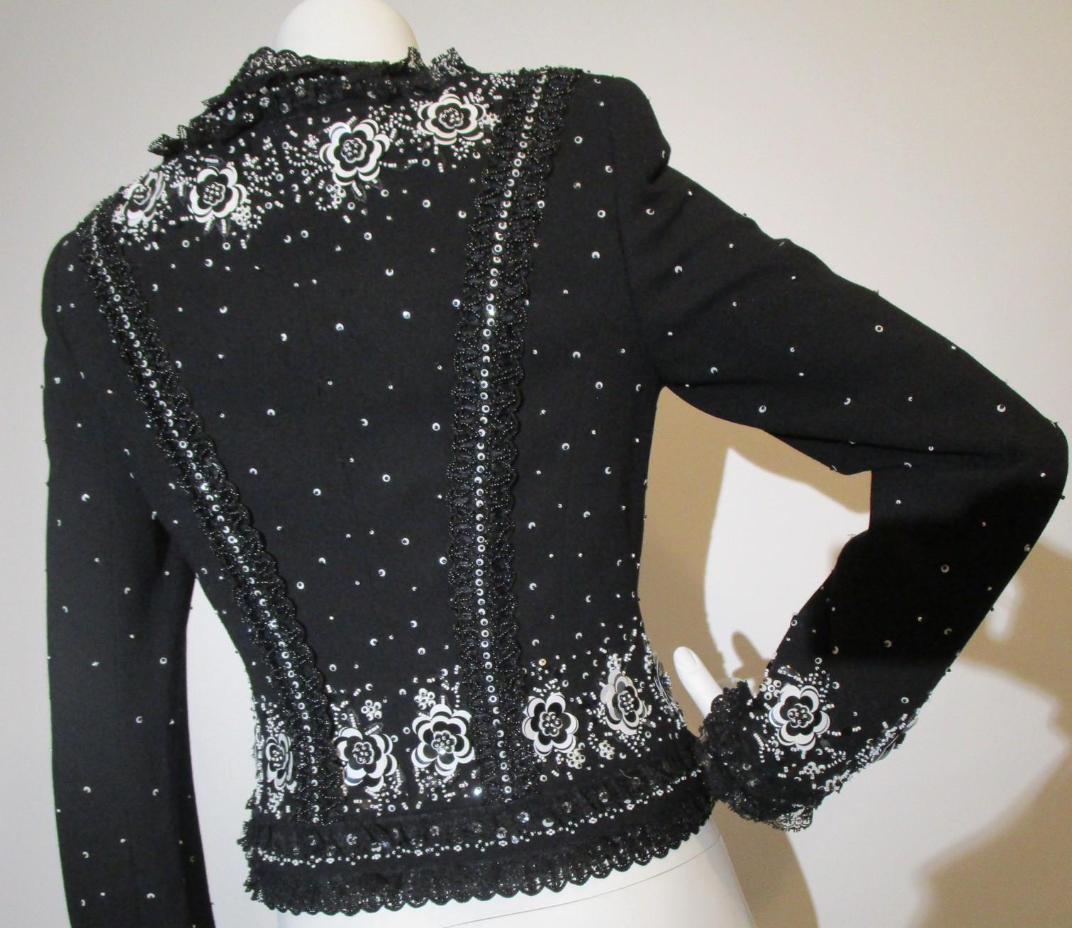 1990s ESCADA Couture Jacket Black & White Beaded Sequin Lace Sz 36 For Sale 5
