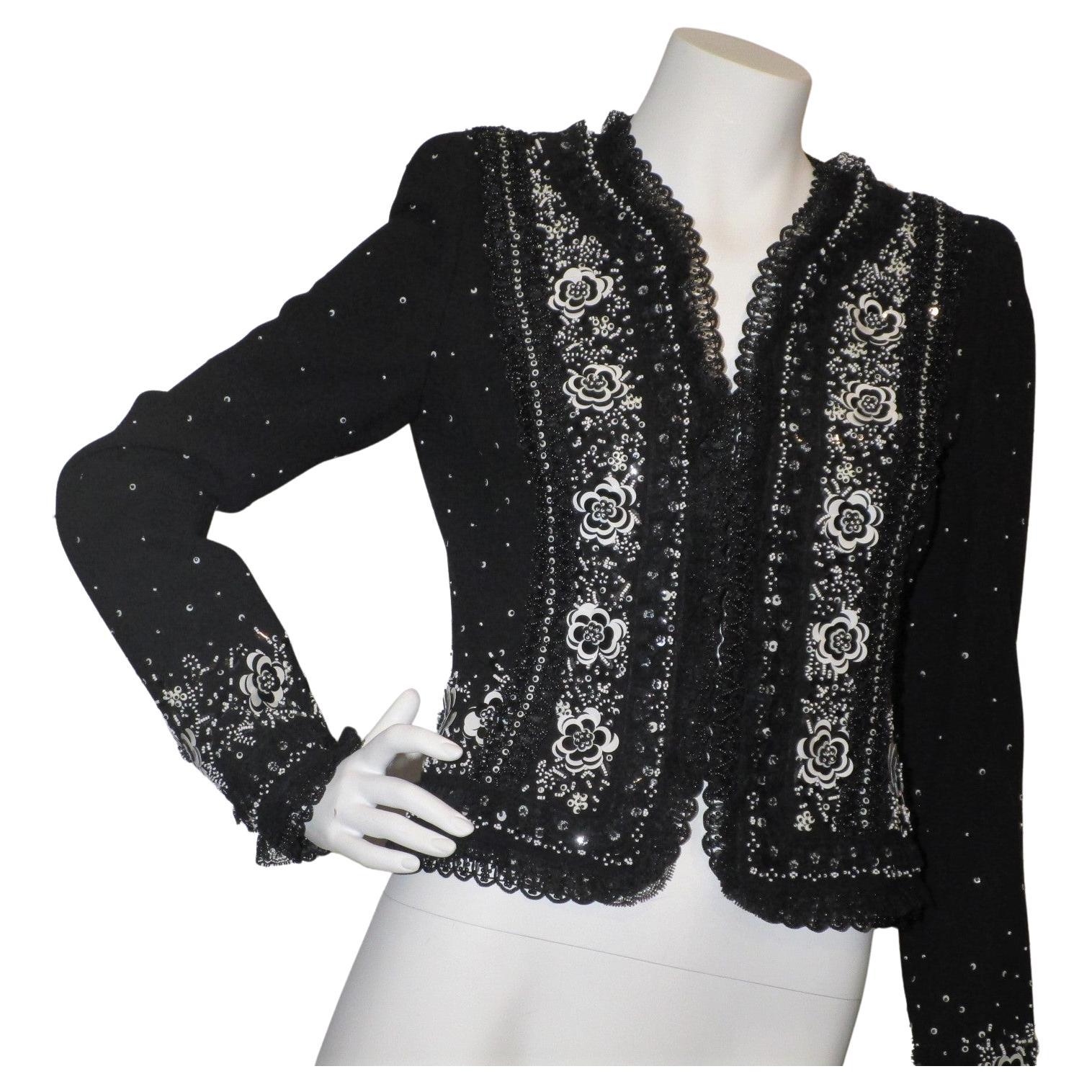 1990s ESCADA Couture Jacket Black & White Beaded Sequin Lace Sz 36