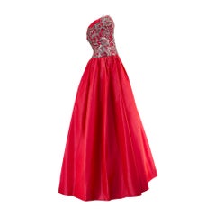 1990s Escada Couture Red Silk Taffeta and Metallic Lace Gown