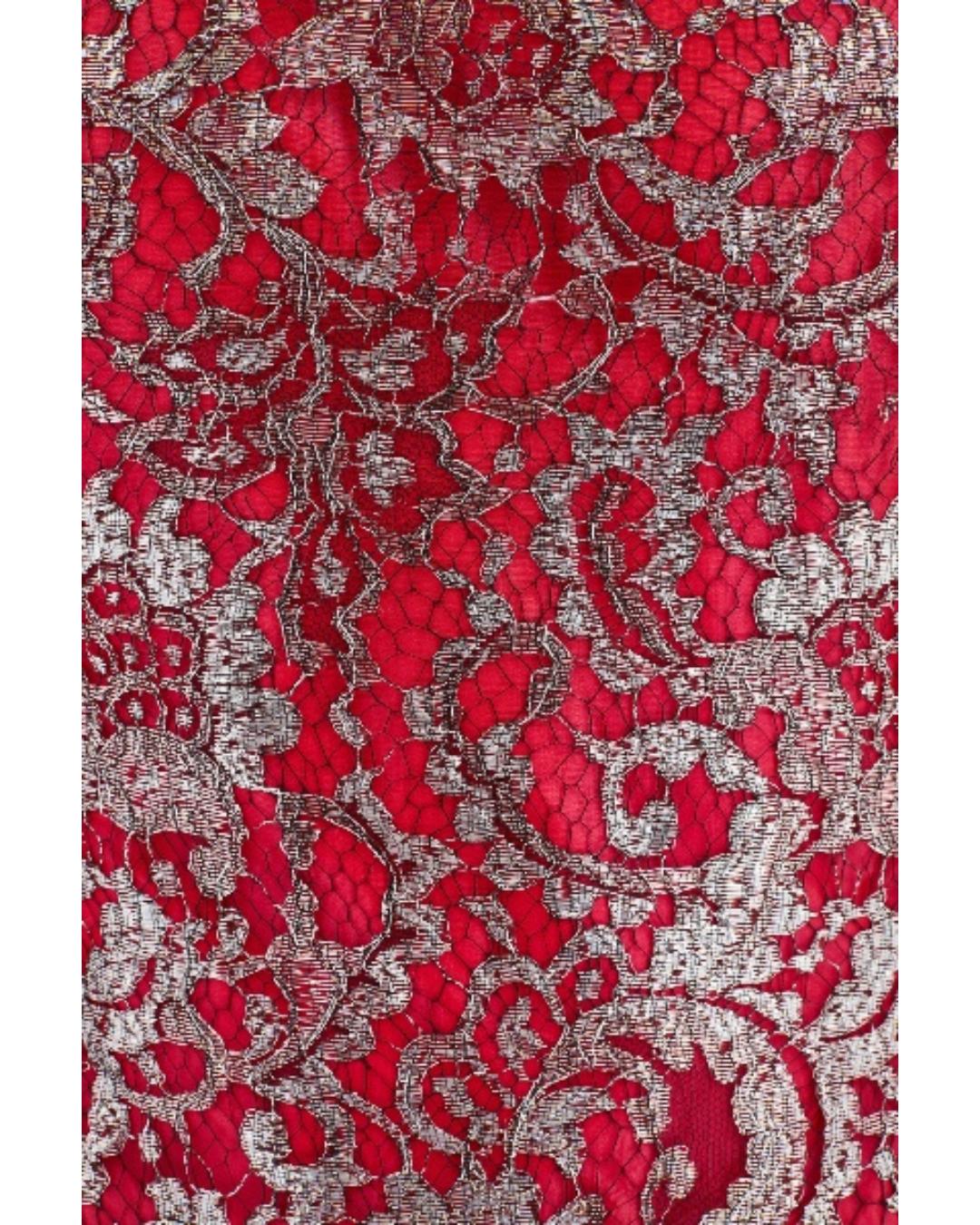 1990 Escada Couture - Robe en taffetas de soie rouge et dentelle métallique en vente 3
