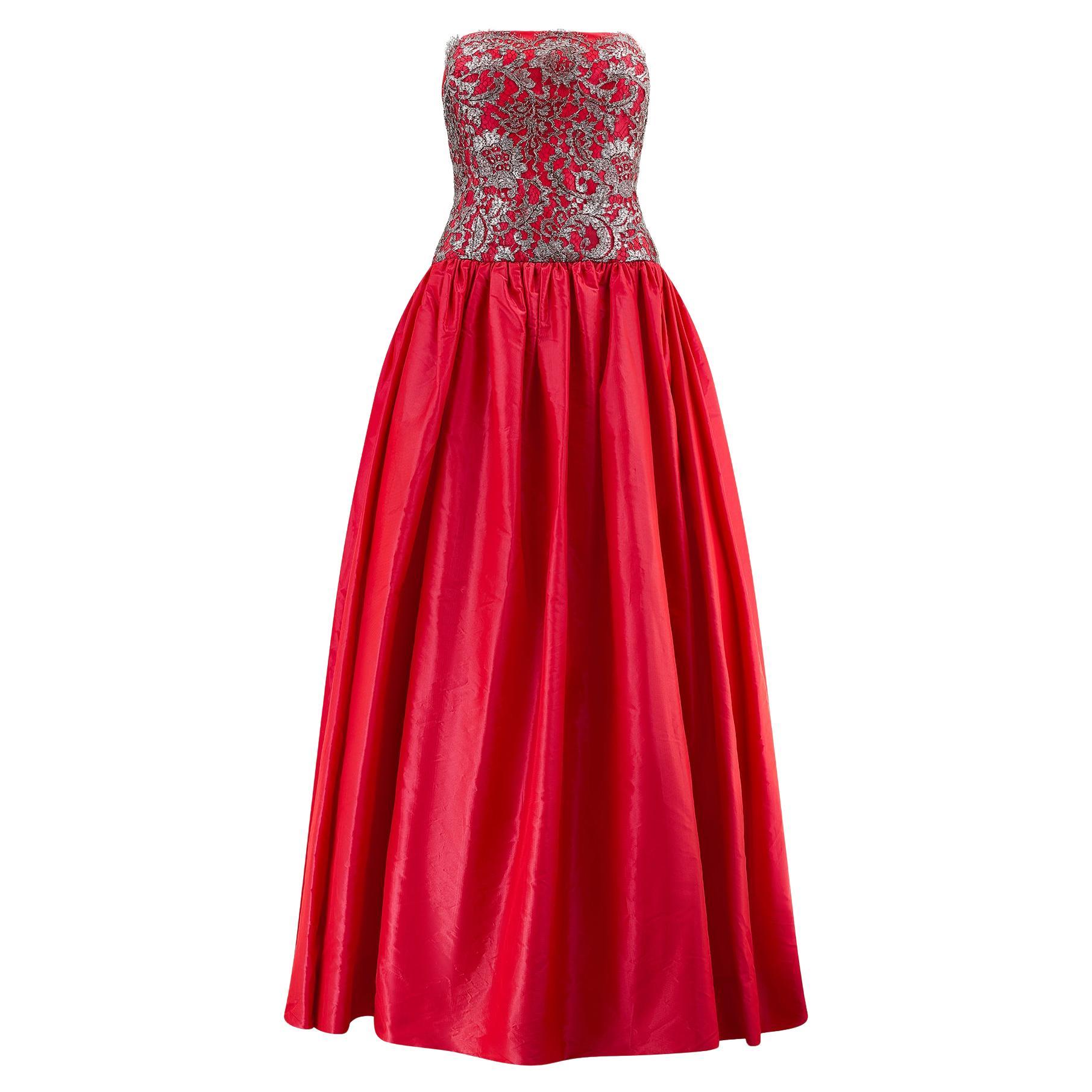 1990 Escada Couture - Robe en taffetas de soie rouge et dentelle métallique